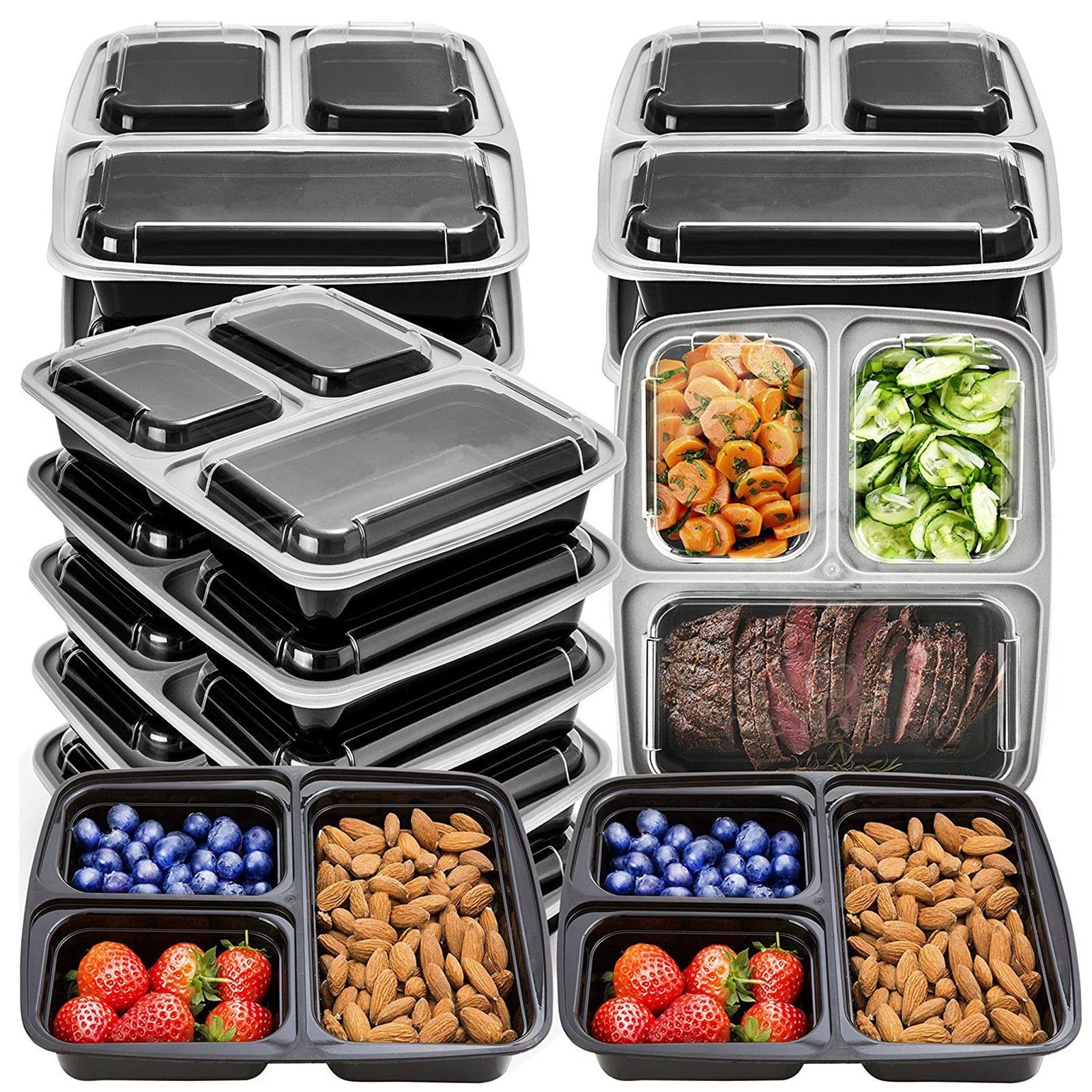 MORDEN MS Meal Prep Container With Lids, 50 Pack 3 Black-3 Compartment