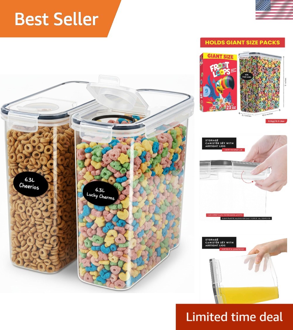 EXTRA LARGE 2-Pack Cereal Containers 6.3L – Airtight Food Storage for Pantry