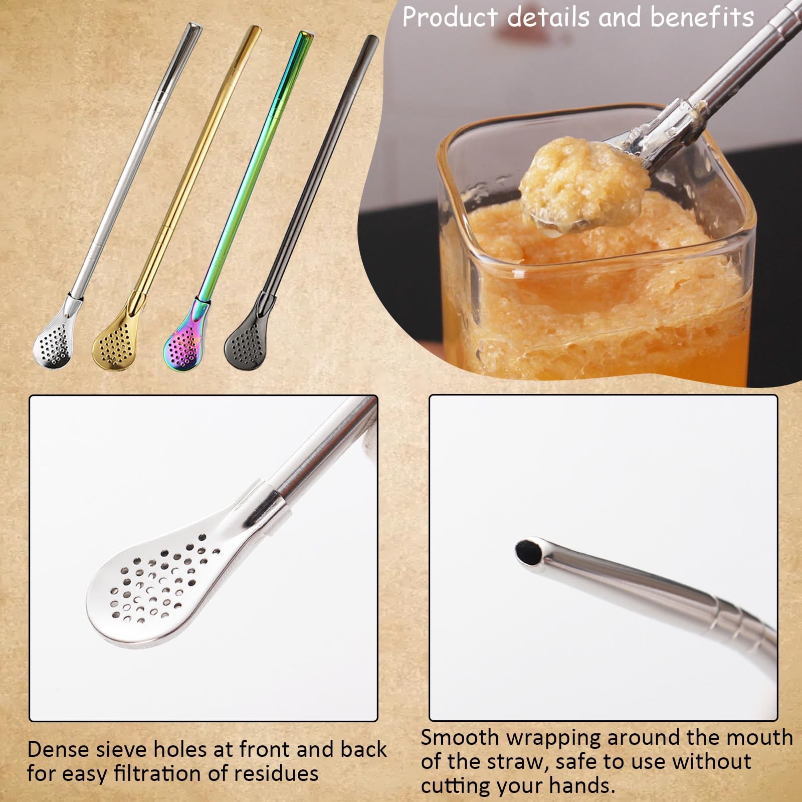 2 Pieces Stainless Steel Straw Spoon Filter with 2 Cleaning Brush, 18, Gold