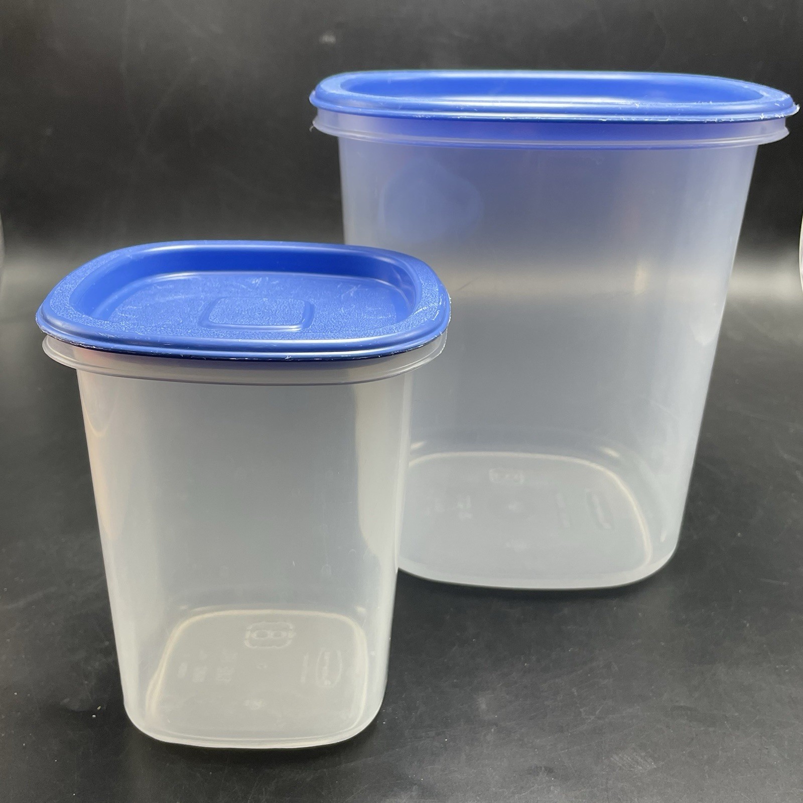 2 Vtg Rubbermaid Servin Saver Canisters Clear w Blue Lids #6 #8 3 Qts 1.8 Pts