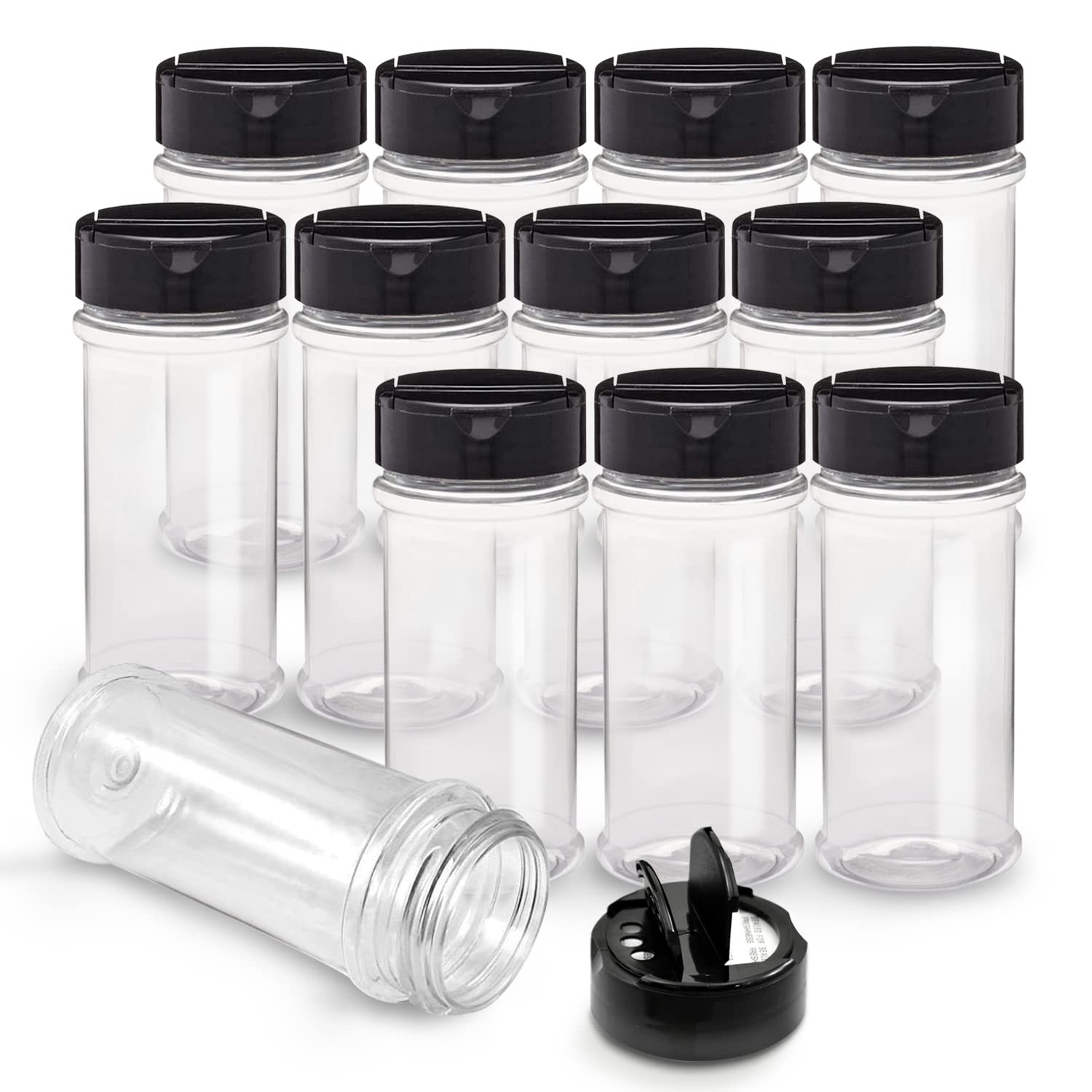 Plastic Spice Jars Bottle Containers with Black Cap, 5.5Oz, 12 Pack