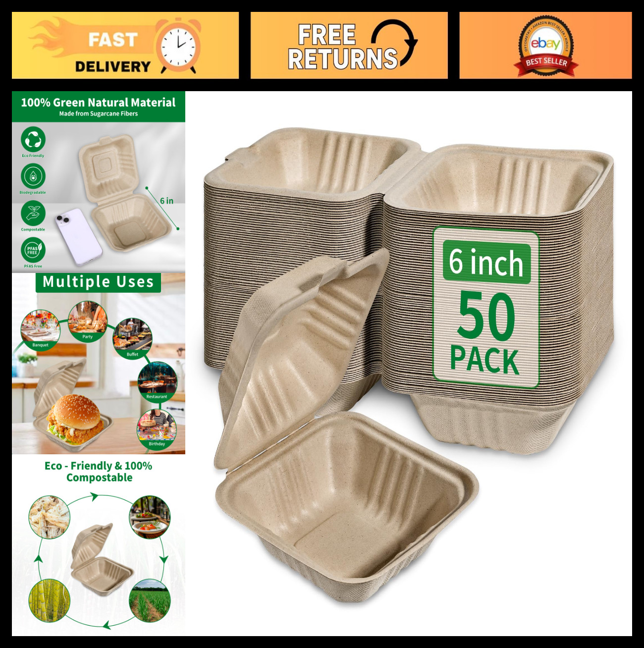 50 Pack Compostable 6×6 Inch Disposable Lunch Box Containers, Eco-Friendly Takeo