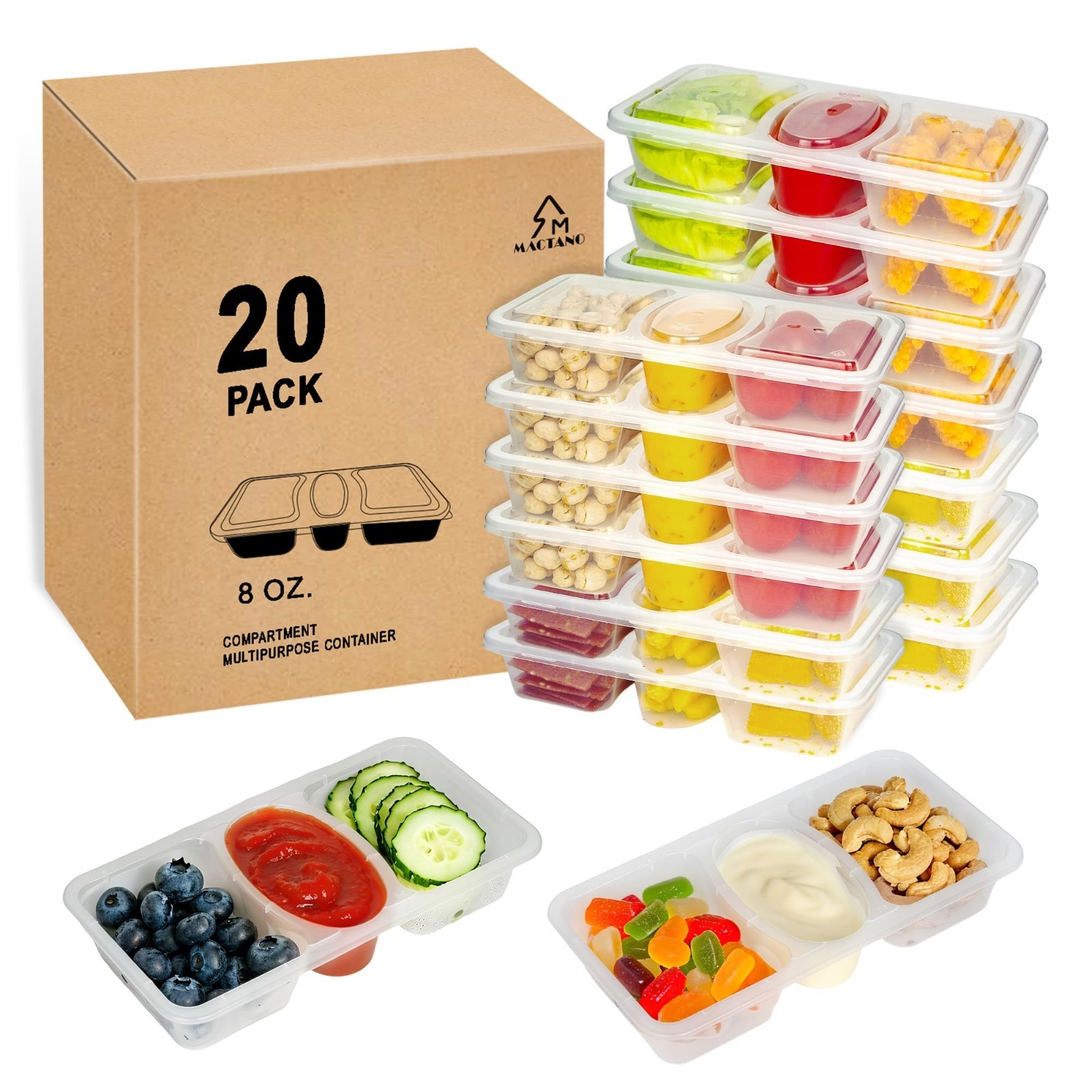 8 OZ Reusable Snack Containers with Lids – 3 Compartment Condiment Packs, 20 Set
