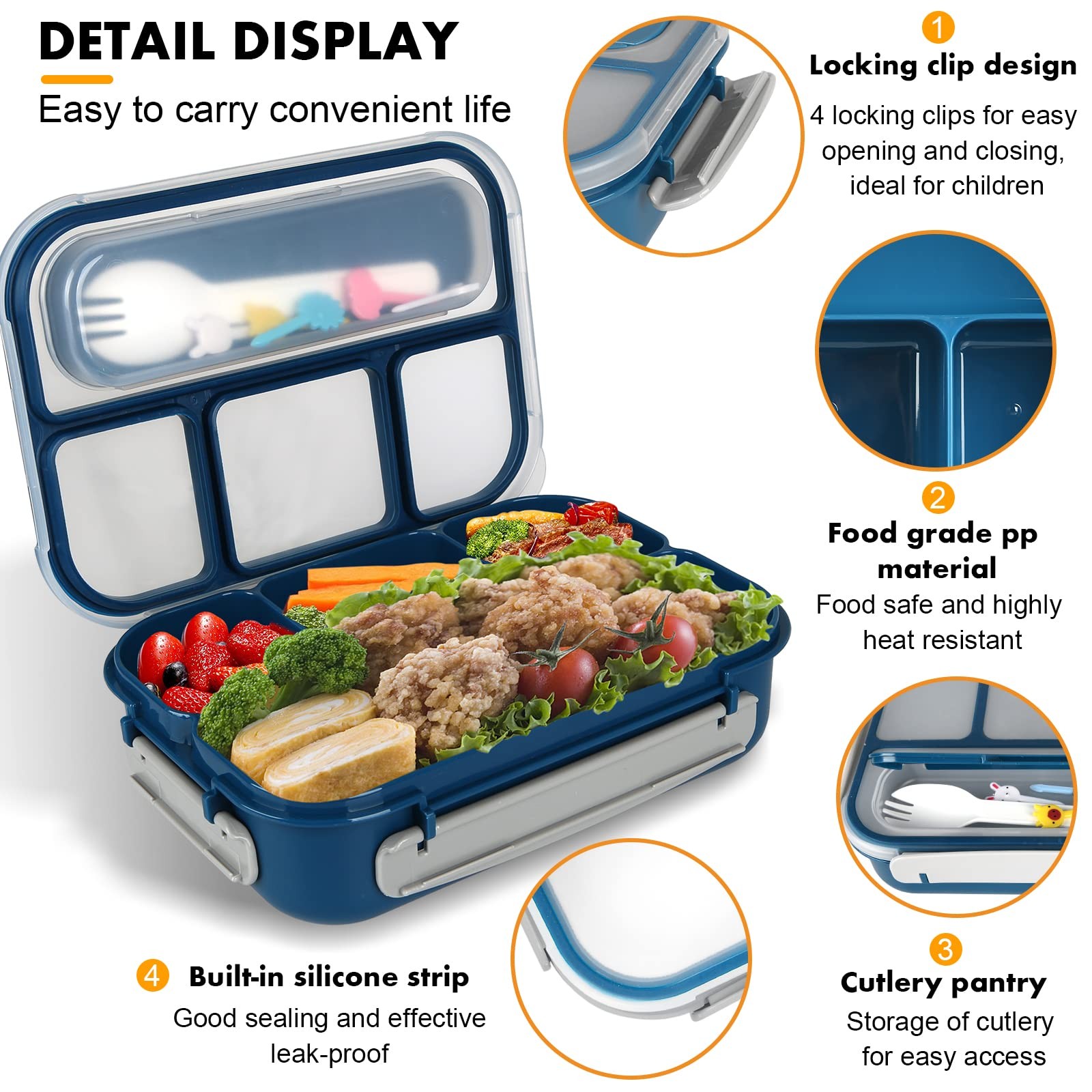 Yumuk Bento Box, Lunch Box Kids, 1300ML Adult with 4 Compartment &Food Blue