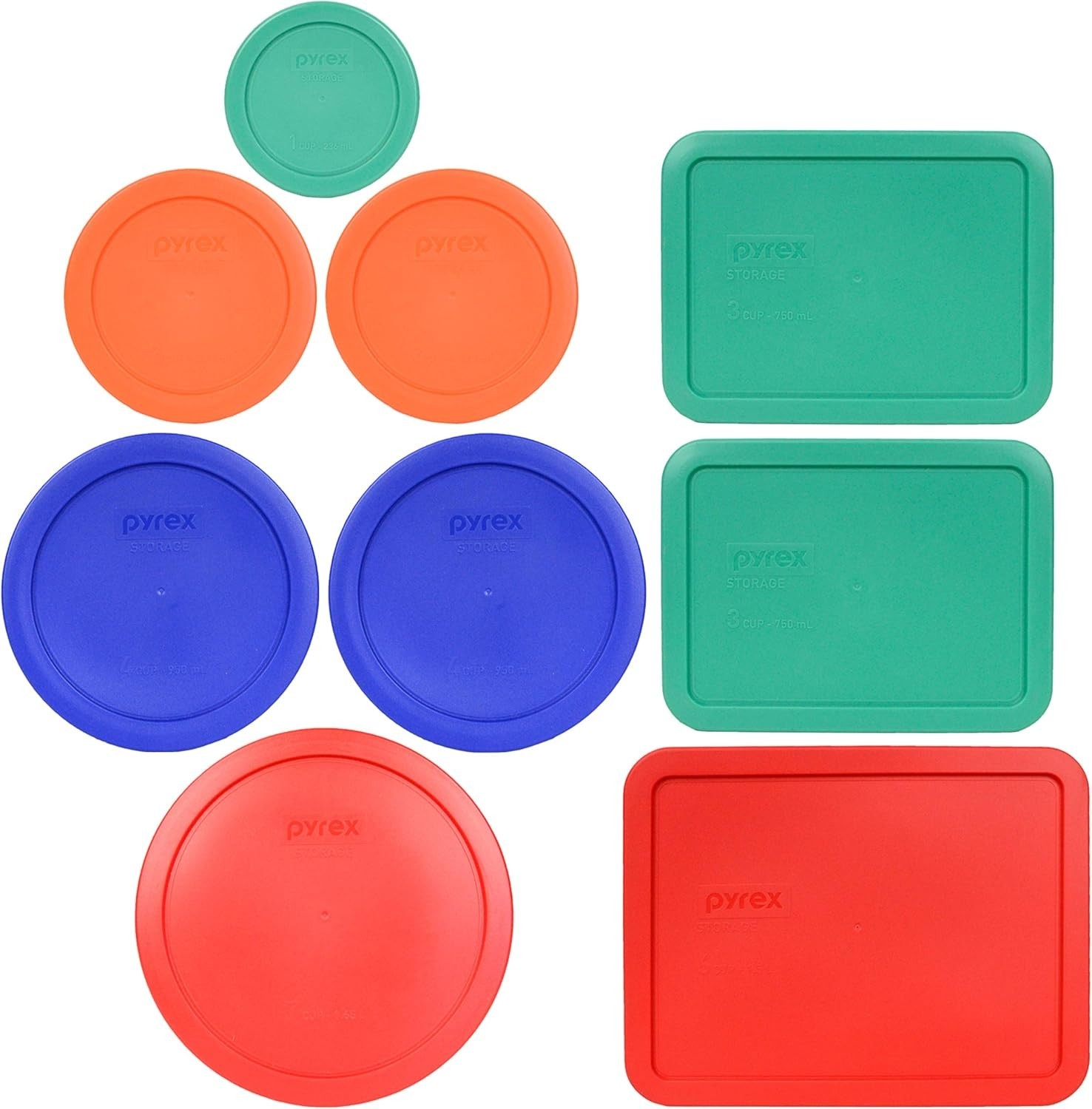 Pyrex (1) 7202-PC 1-Cup Green, (2) 7200-PC 2-Cup Orange, (2) 7201-PC 4-Cup Cadet