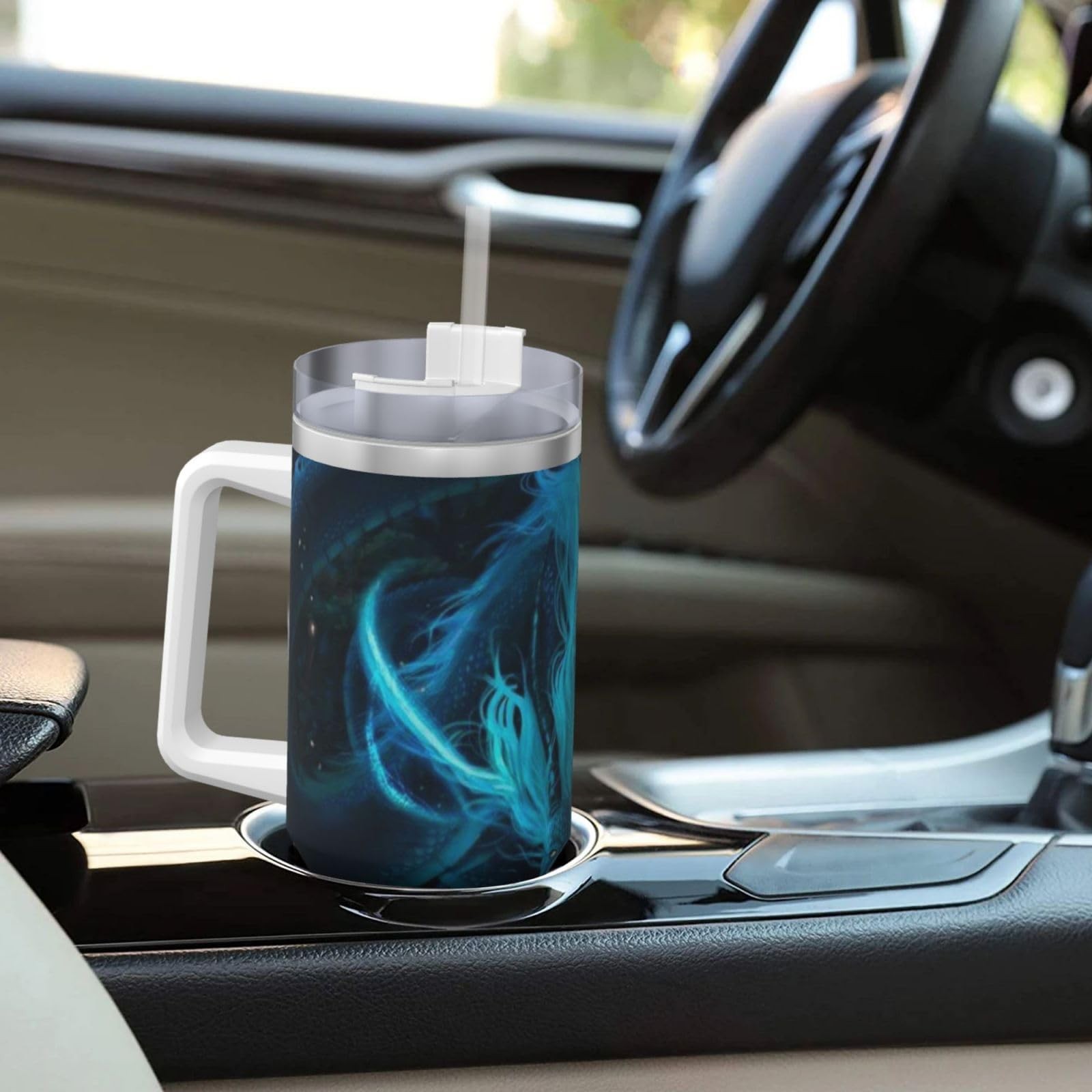 Ptonuic Blue Dragon 40 Oz Tumbler Handle And Straw Lid Cup Reusable Stainless