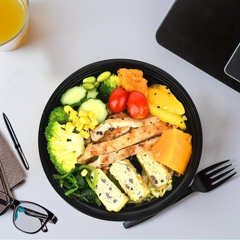 24oz Round Meal Prep Black Containers With Lids Microwavable BPA FREE