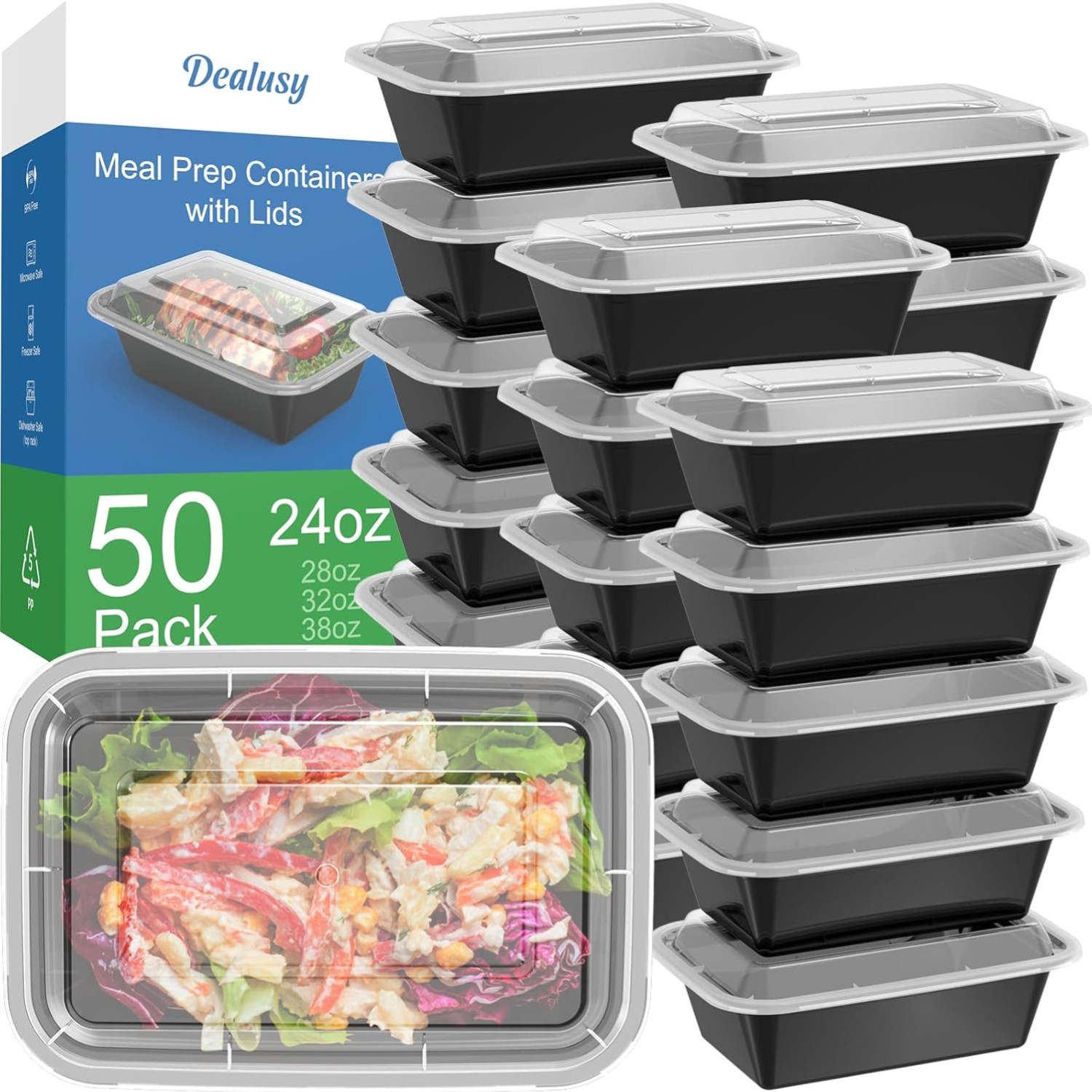 50 Pack 100-Piece 24 oz Meal Prep Containers Reusable with Lids, Sturdy Leakp…
