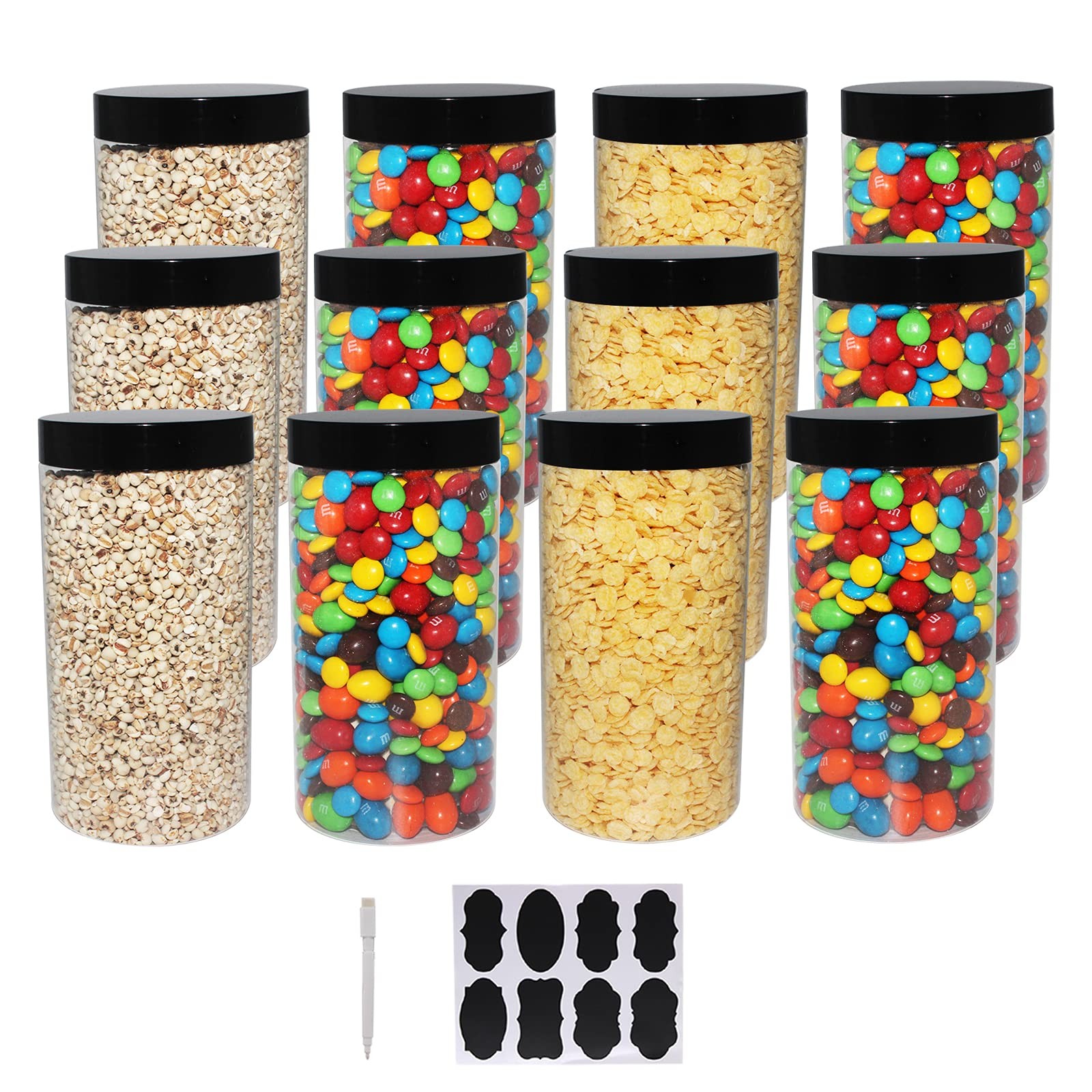 zmybcpack 12 Pack 32 OZ Large Clear Plastic Storage Jars with Lids & Labels,A…