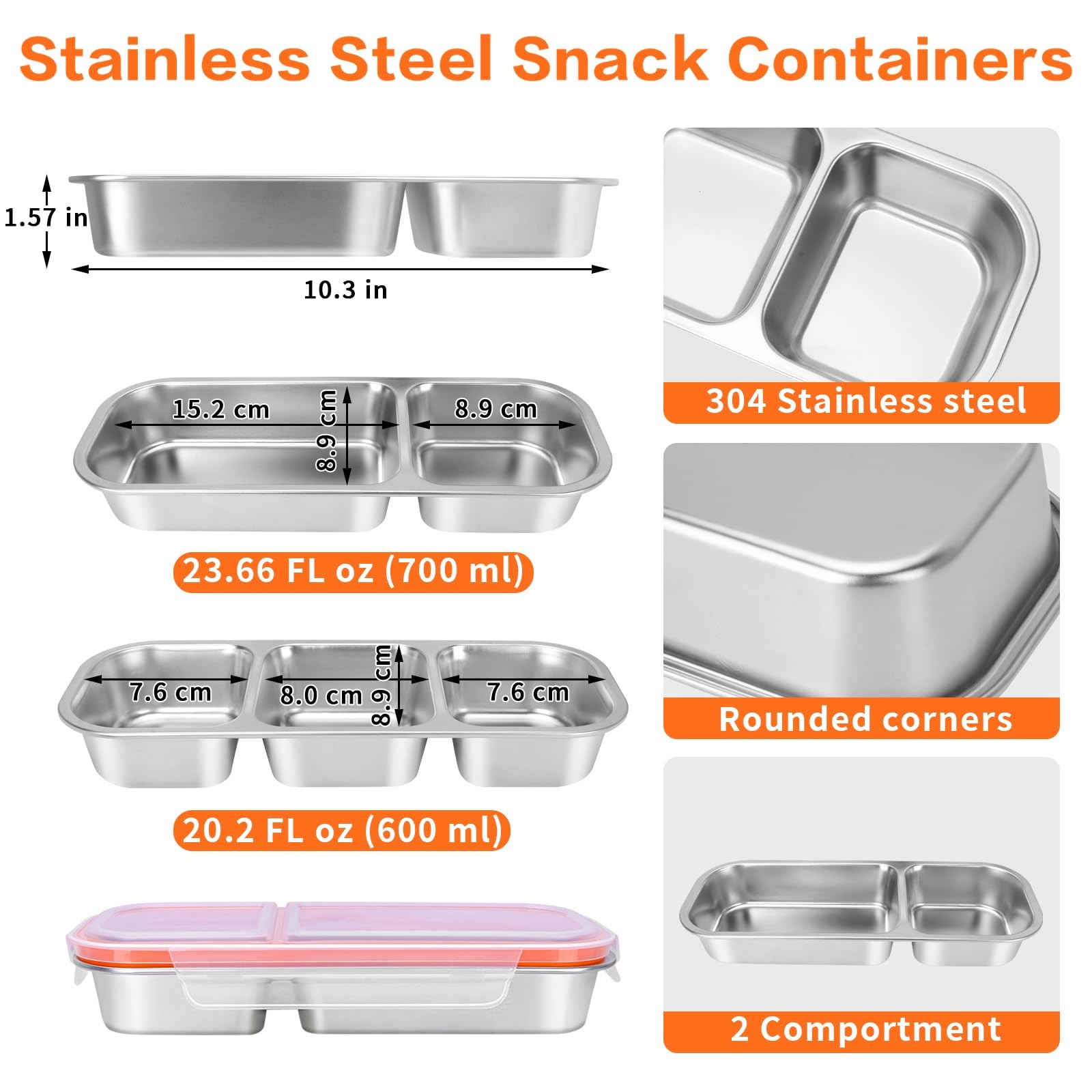 4 Pack Stainless Steel Snack Containers with Lids, 3 Compartments Reusable Sn…