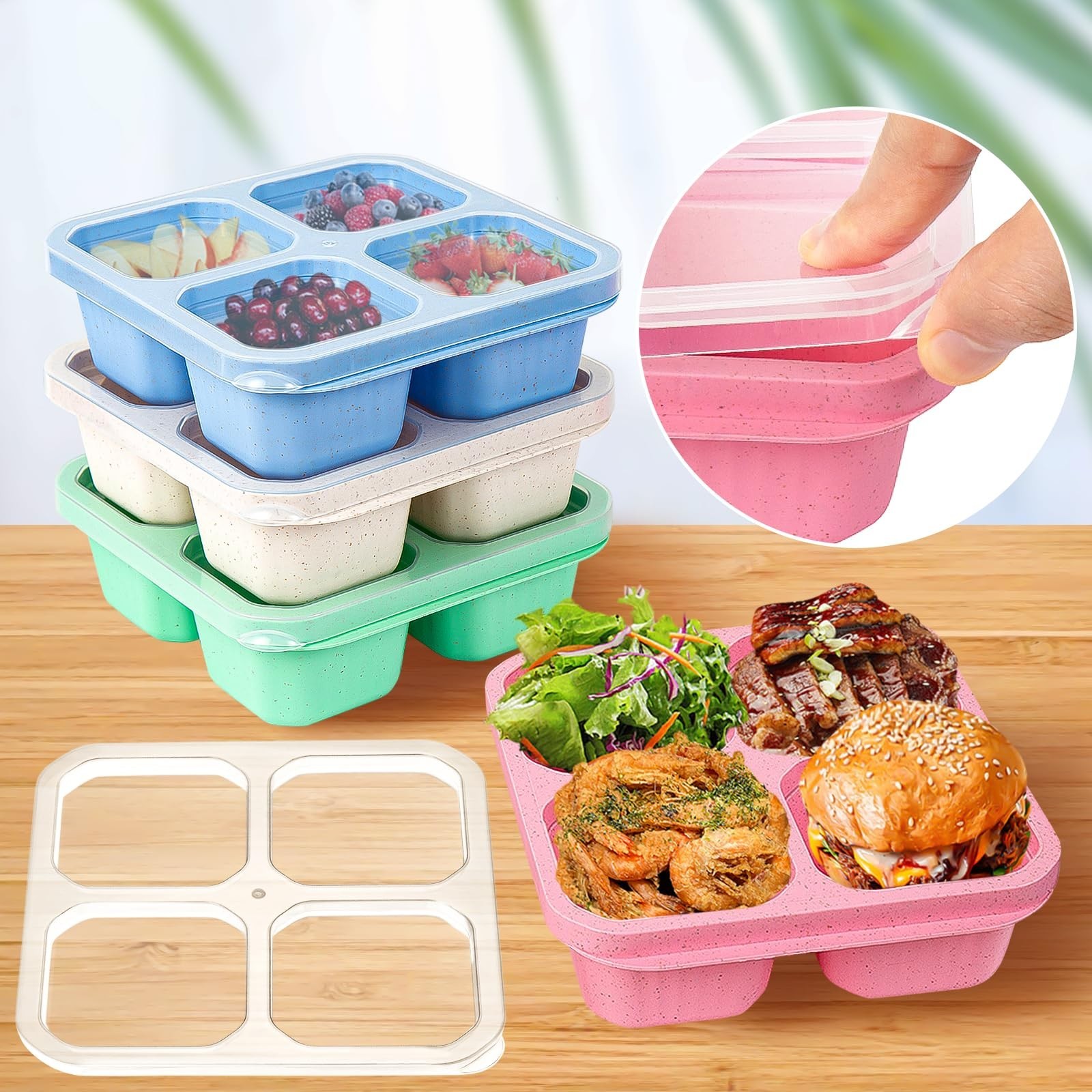 20Pcs Reusable Snack Containers Set, 4-Compartment Bento Boxes with Lids & Utens