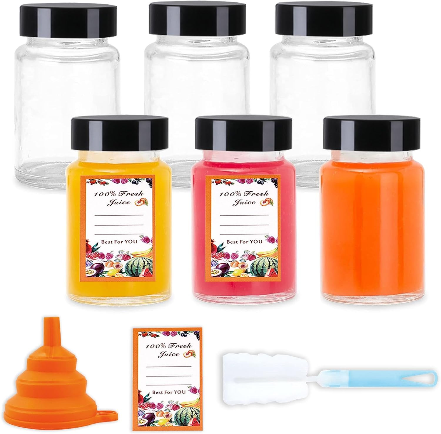 6-Pack 2Oz Glass Juice Bottles with Caps – Wide Mouth Reusable Wellness Shot Jar