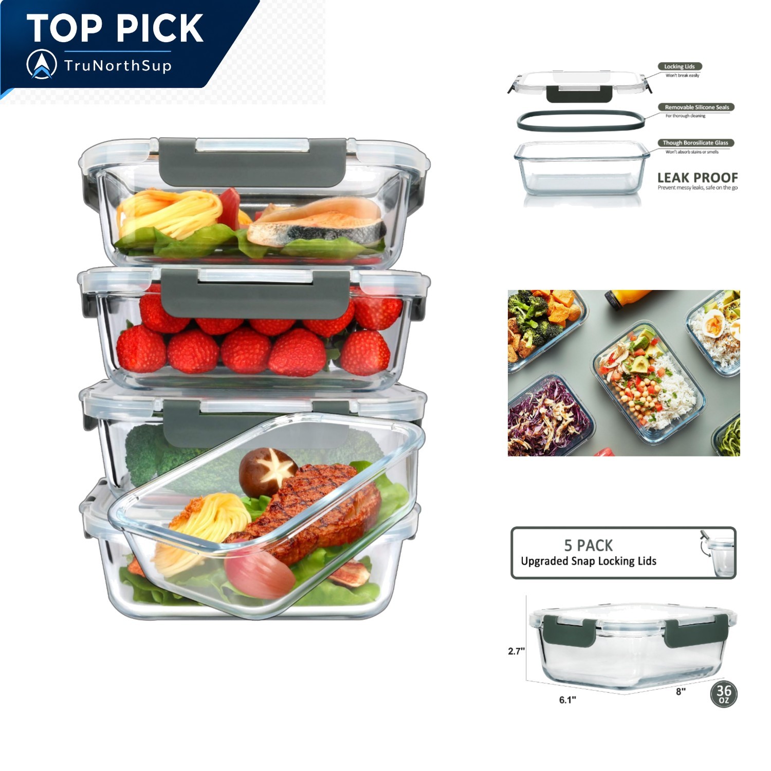 Glass Meal Prep Containers 36 Oz 5 Pack Airtight Locking Lids Microwave Oven …