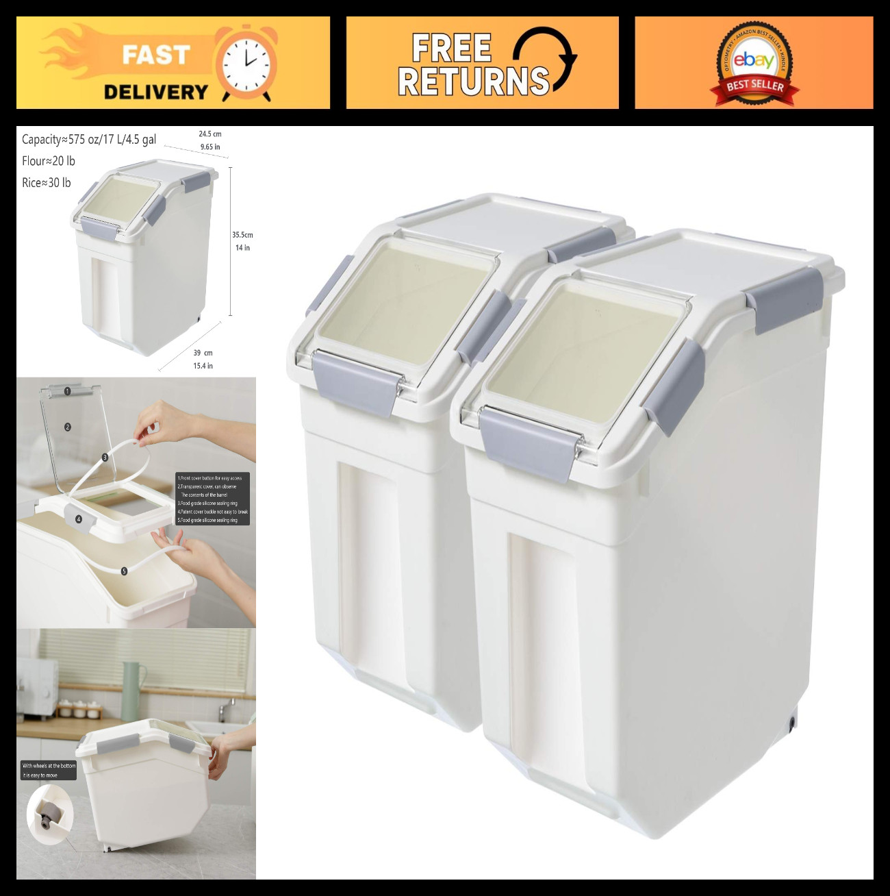 Airtight Flour Storage Containers Set – 2 Pack, BPA Free, Dry Food & Pet Food Bi