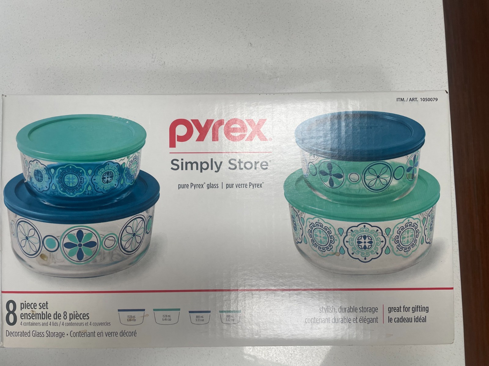 Rare 2018 PYREX Simply Store Pure Glass 8 pc Set Blue & Mint Decorated NIB NOS!!