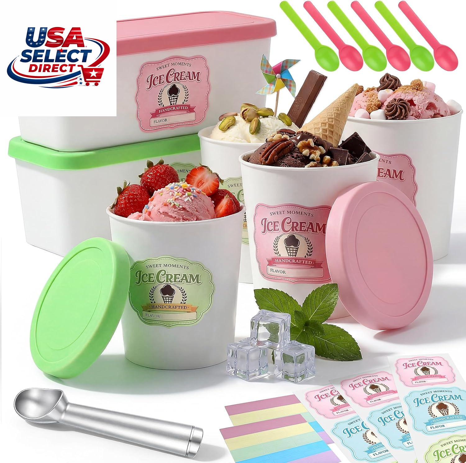 6 Pack Reusable Ice Cream Tub Containers with Lids and Spoons
