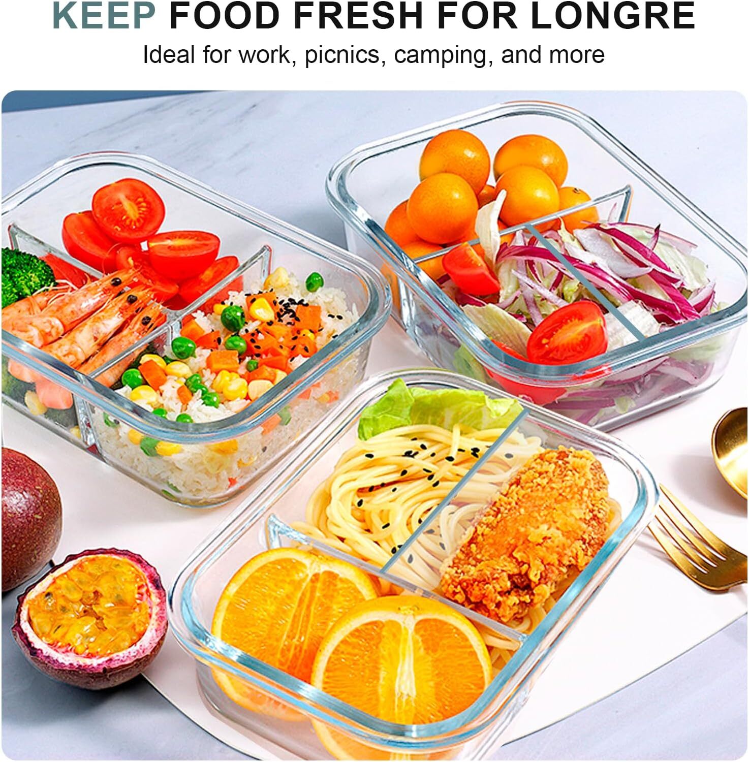 Glass Containers 3 Compartments 5 Pack 36 oz with Lids Freezer & Microwave Safe
