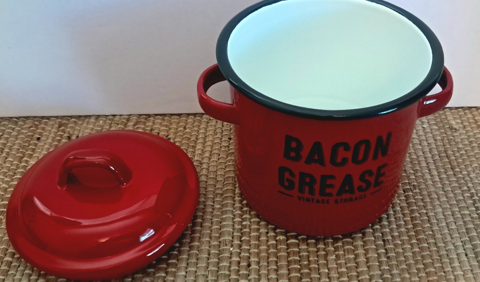 Enamel Bacon Grease Canister Pot with Lid – Rustic Large Capacity Vintage Look