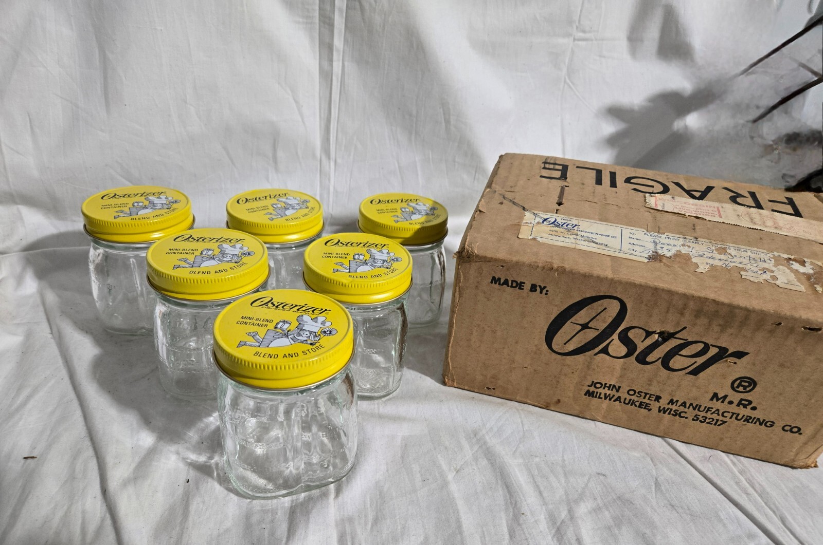 6 Vintage Osterizer Blend & Store Glass Jars w/ Metal Lids In Original Box New