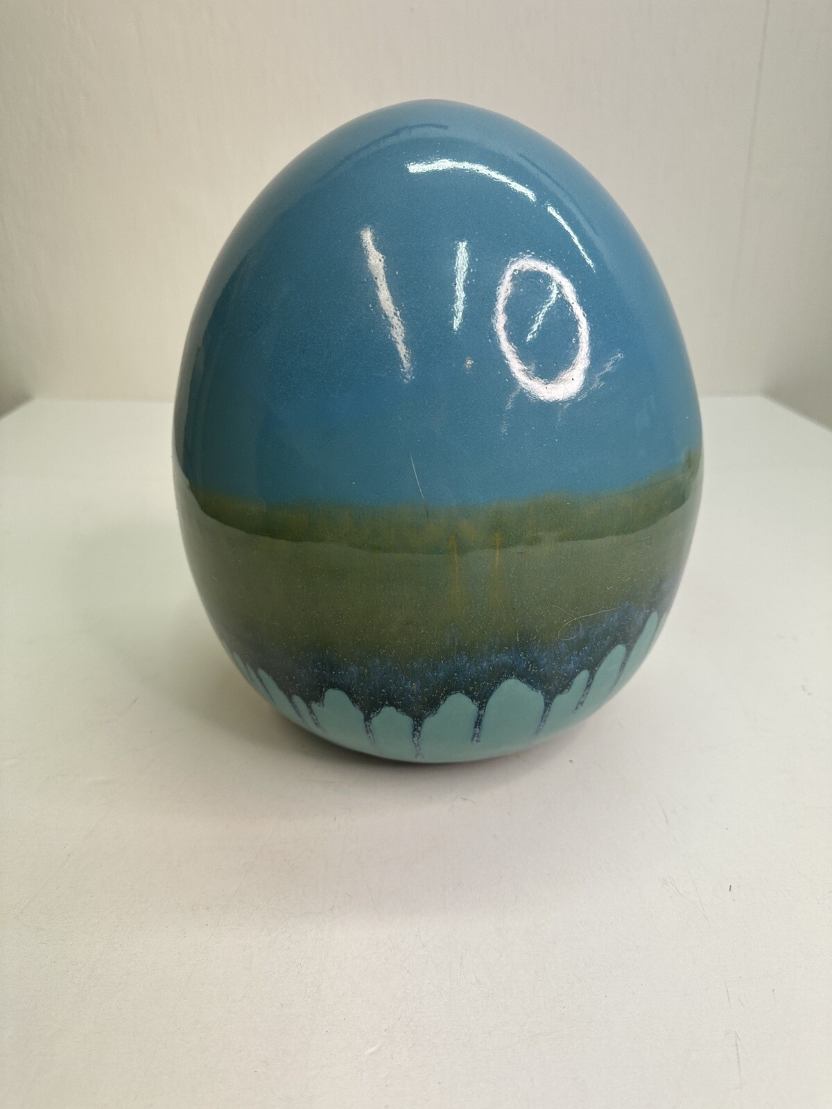 Rare Cadet Blue and Seafoam Green Banded Pottery Egg 11”