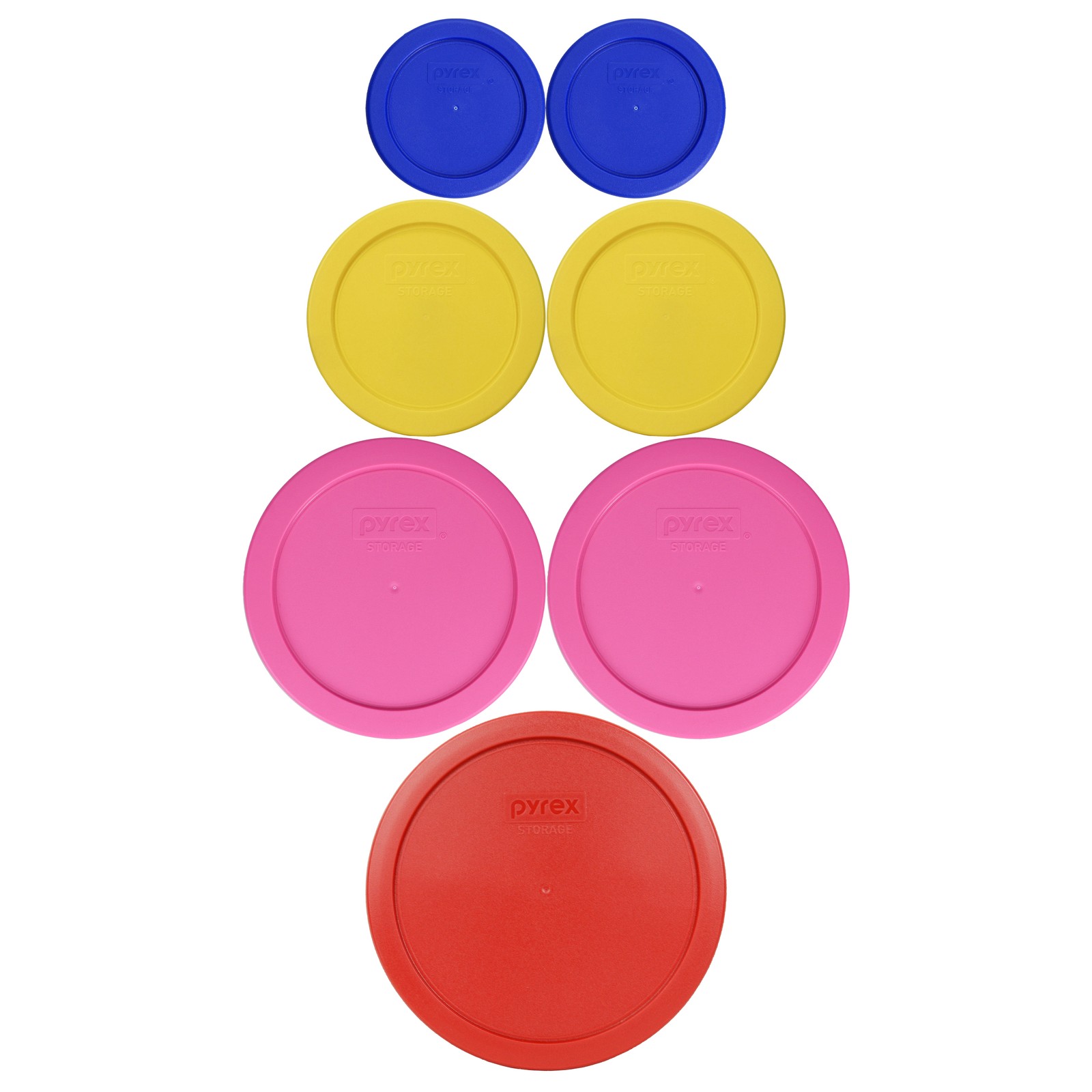 Pyrex Lids: (2) 7202-PC CB, (2) 7200-PC PTY, (2) 7201-PC PK, (1) 7402-PC PR