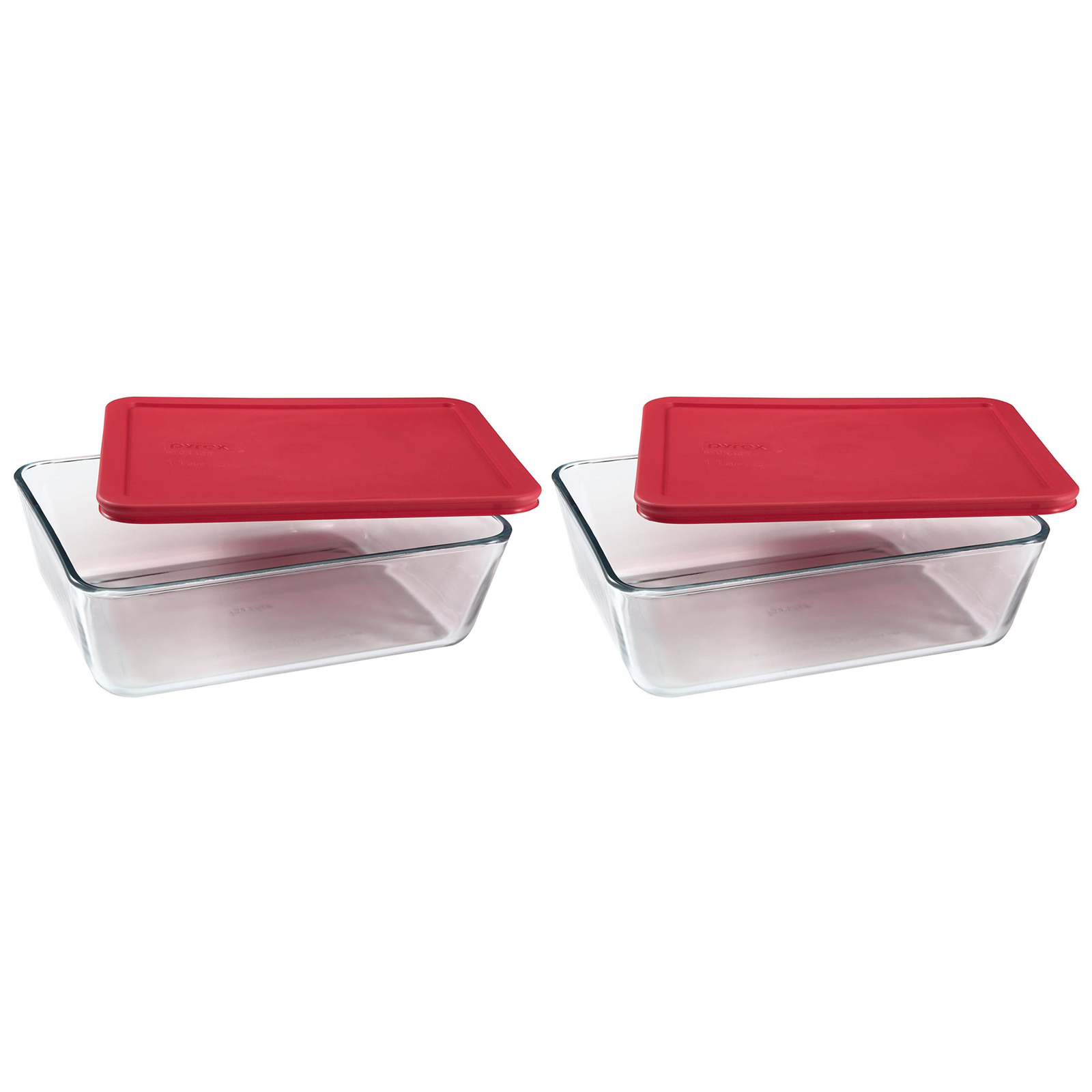 Pyrex (2) 7212 11-Cup Glass Dishes & (2) 7212-PC Red Plastic Lids
