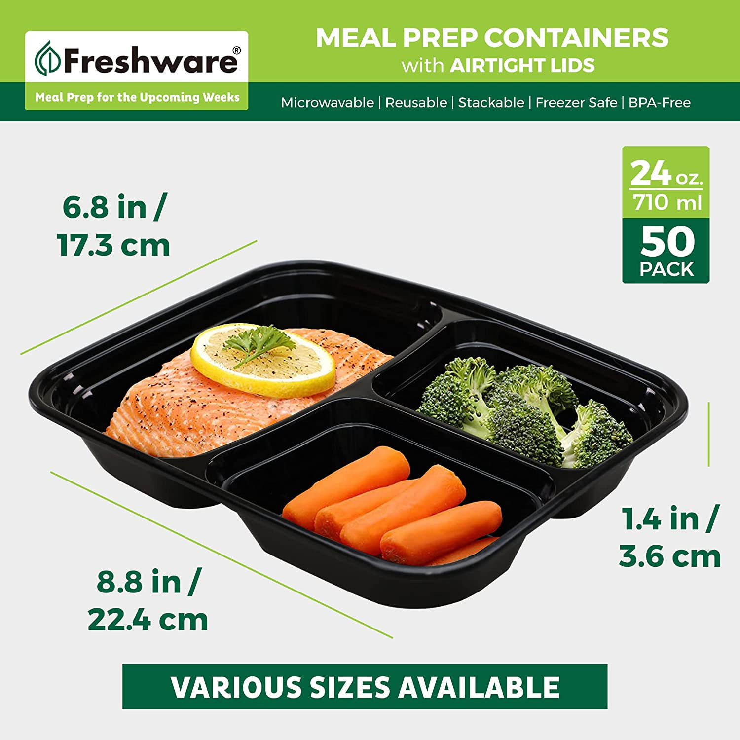 Meal Prep Containers [50 Pack] 3 Compartment Food Storage Containers with Lids,