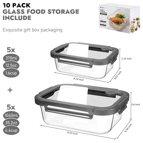 10-Pack Glass Food Storage Containers 4.4Cup*5 & 1.6 Cup*5 Tempered Lids Gray