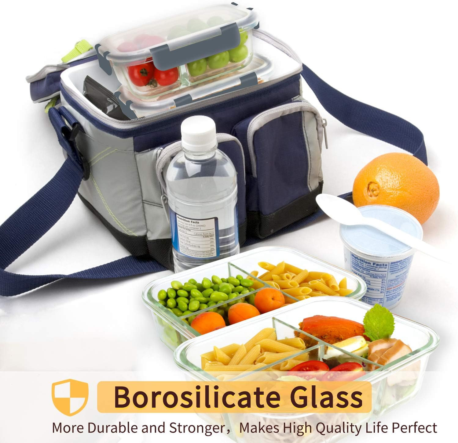 8 Pack Glass Meal Prep Containers 3 Compartment, Glass Food Storage Containers w