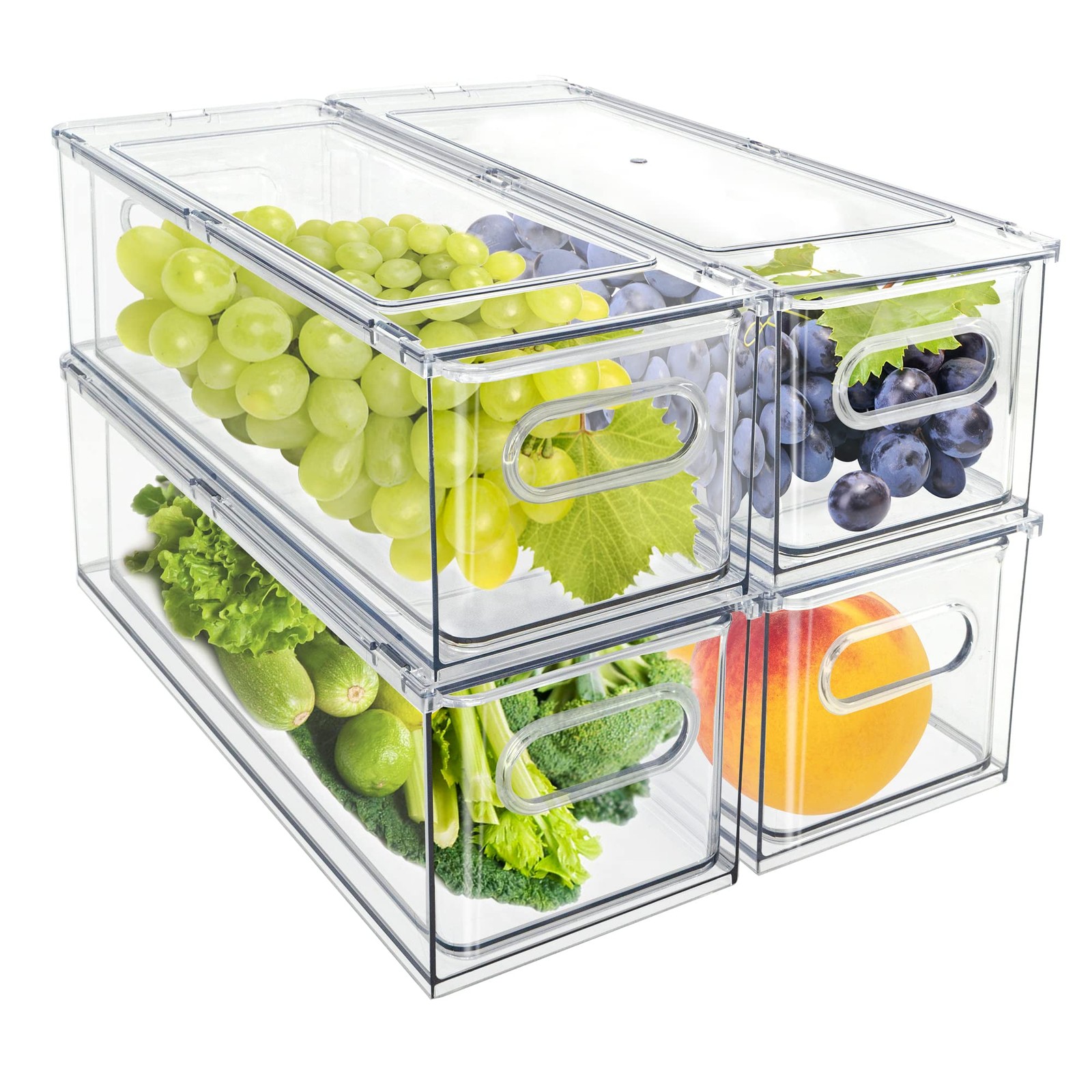 4Pack Stackable Fridge Drawers Pull-out Storage Bins with Handle Clear Food C…
