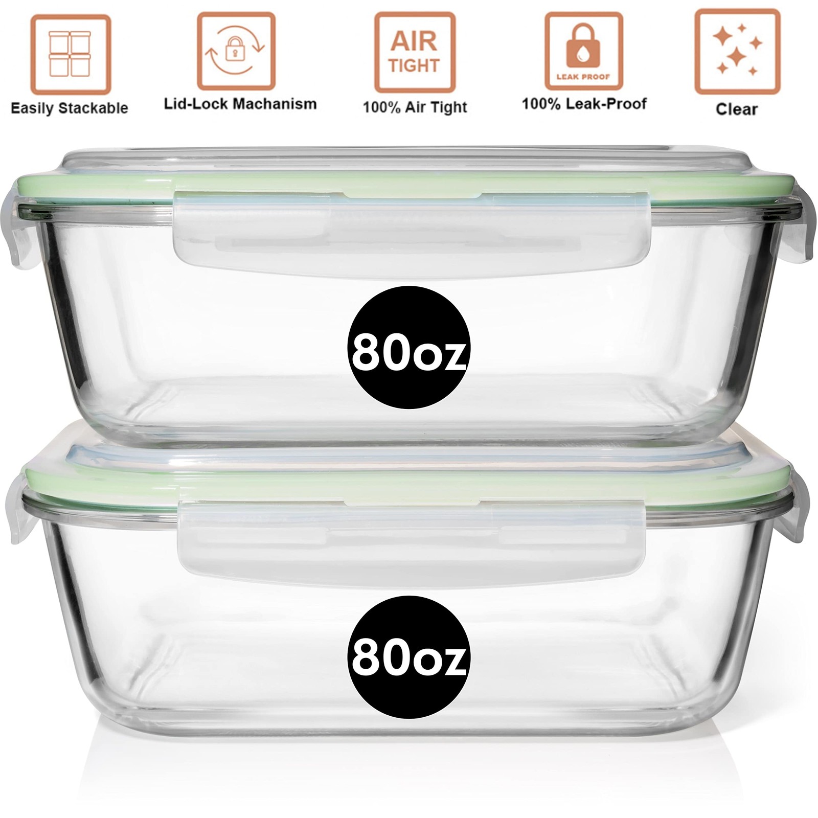 Razab 10 Cups/ 80 Oz 4 Pc Set of 2 Glass Food Storage Containers with Airtigh…