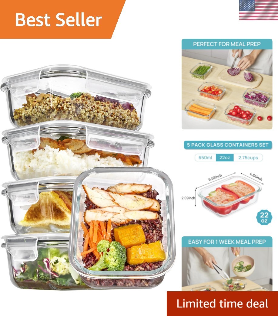5Pack 22oz Glass Storage Containers with Lids, Glass Meal Prep Food Container…