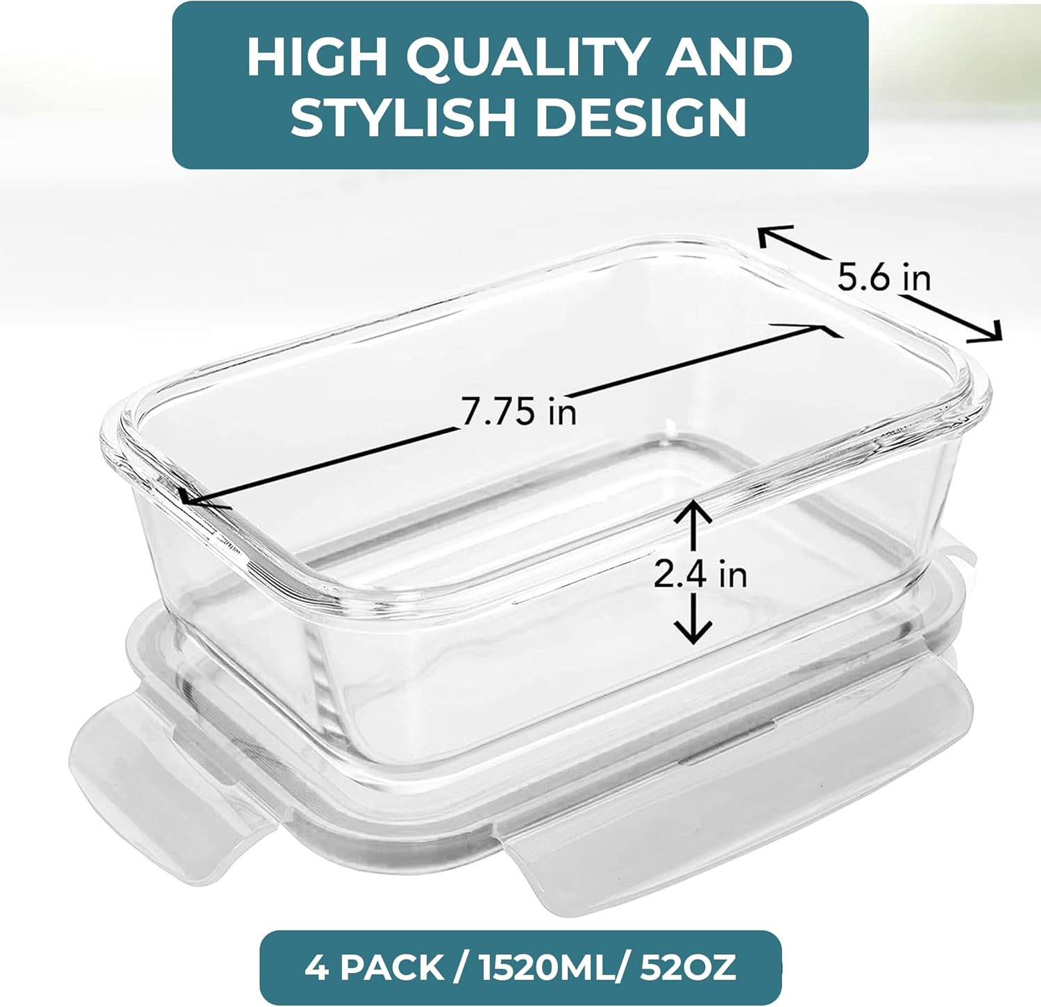 6.5 Cups / 52 Oz 4 Piece (2 Containers + 2 Lids) Glass Food Storage Containers S