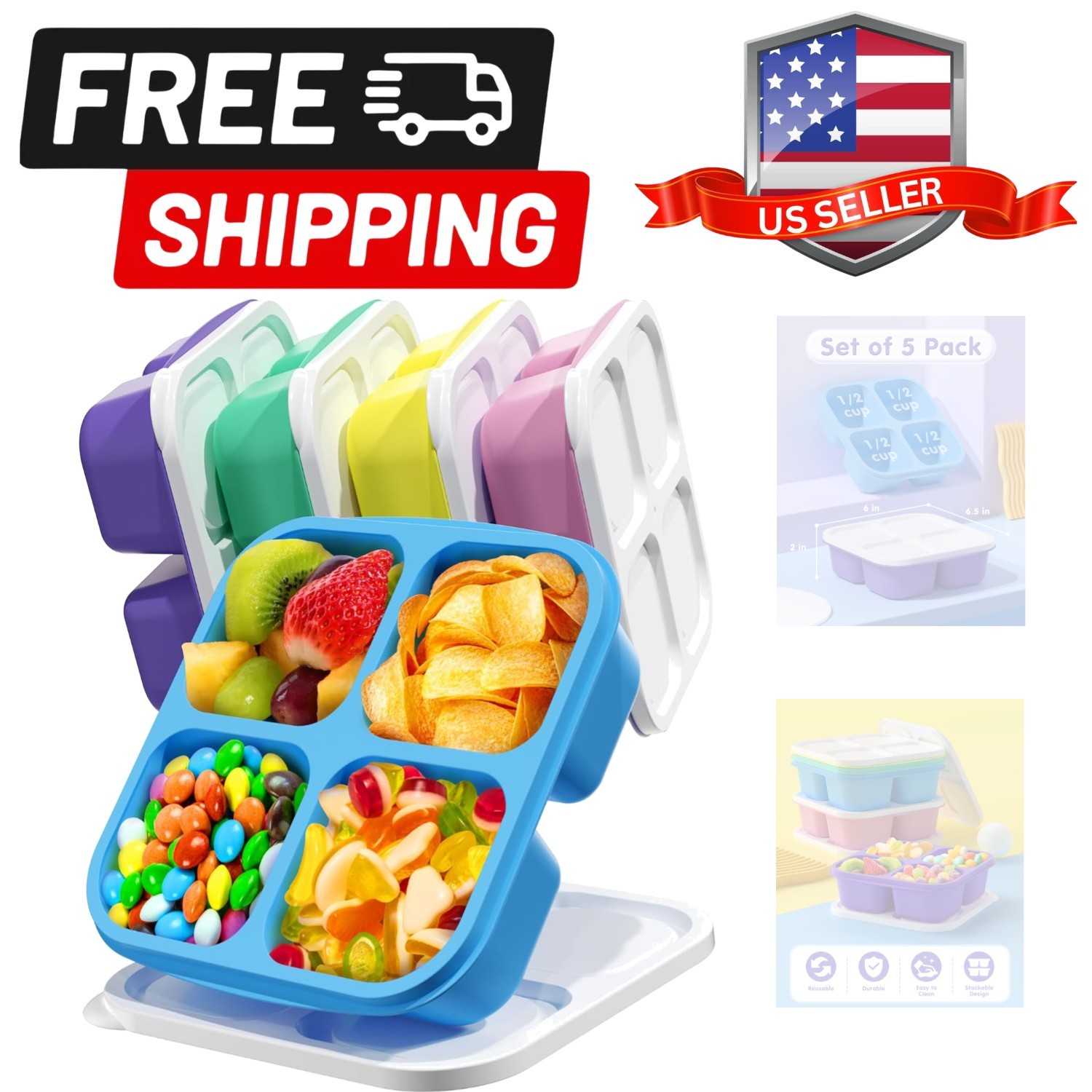 5 Pack Bento Snack Containers, 4 Compartment BPA-free Plastic Food Storage Co…
