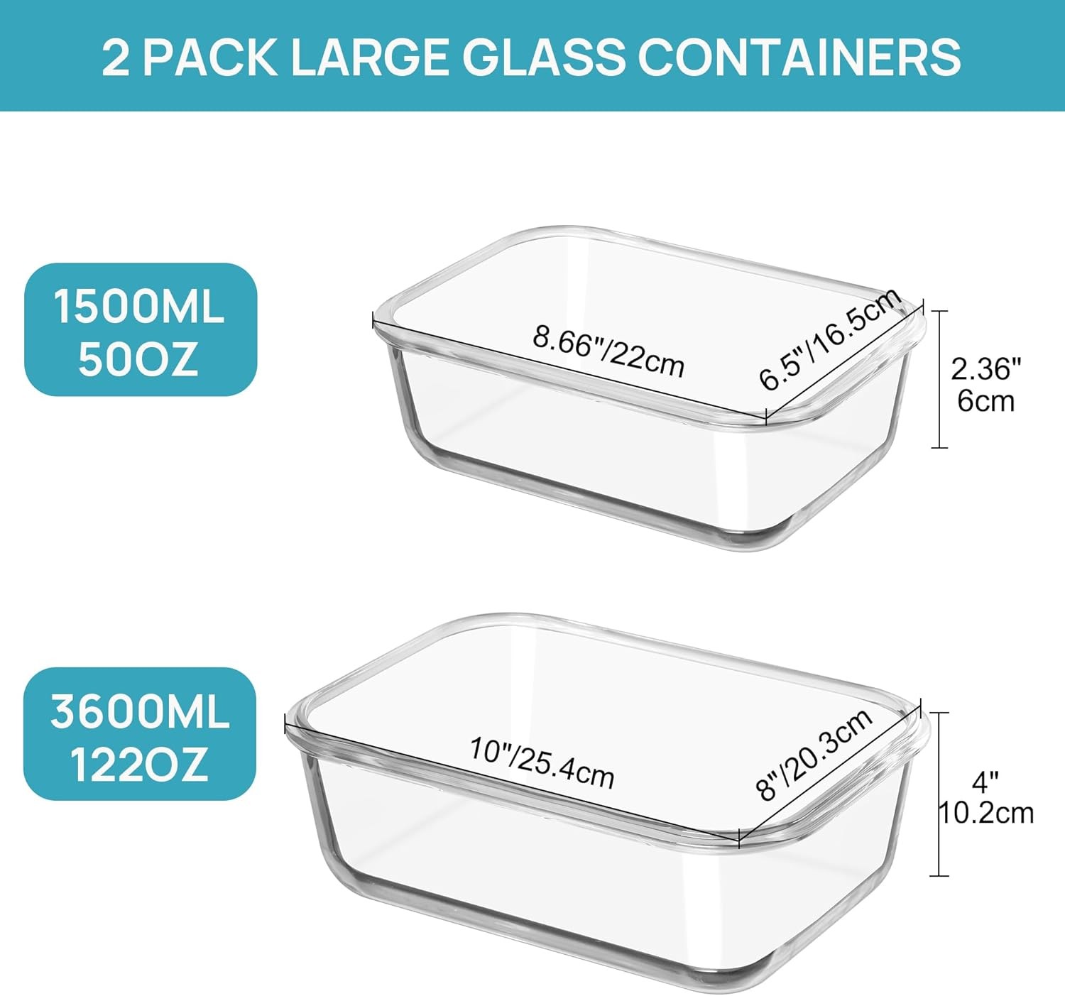 122oz 50oz Large Glass Food Storage Containers W/ Airtight Lids Big Glass