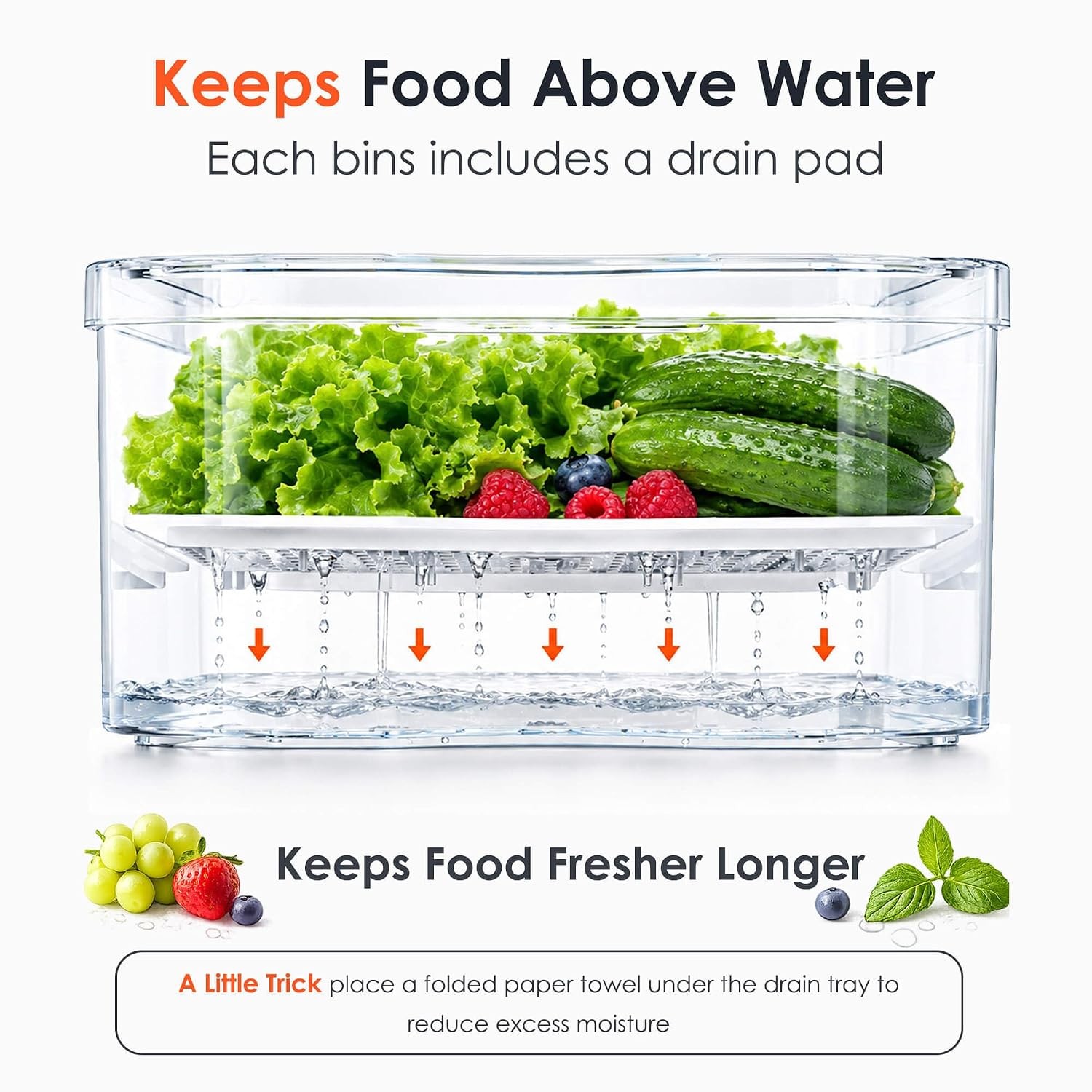 Clear Stackable BPA Free PET Fridge Organizer Bins with Drain Trays 6 Bins