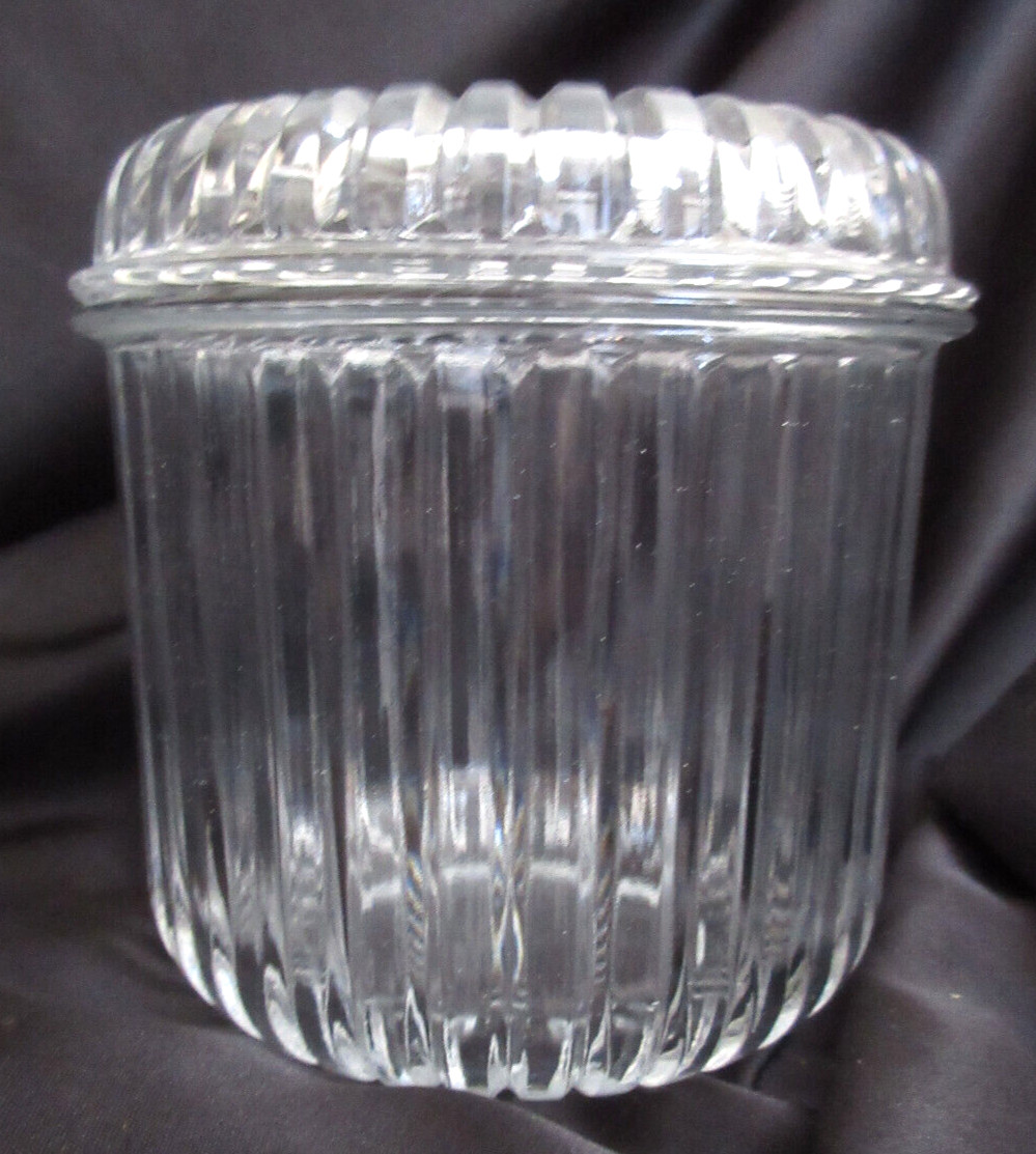 KIG Indoneisa Clear Glass Ribbed Lidded Container 4.75″ x 5″ Excellent Condition