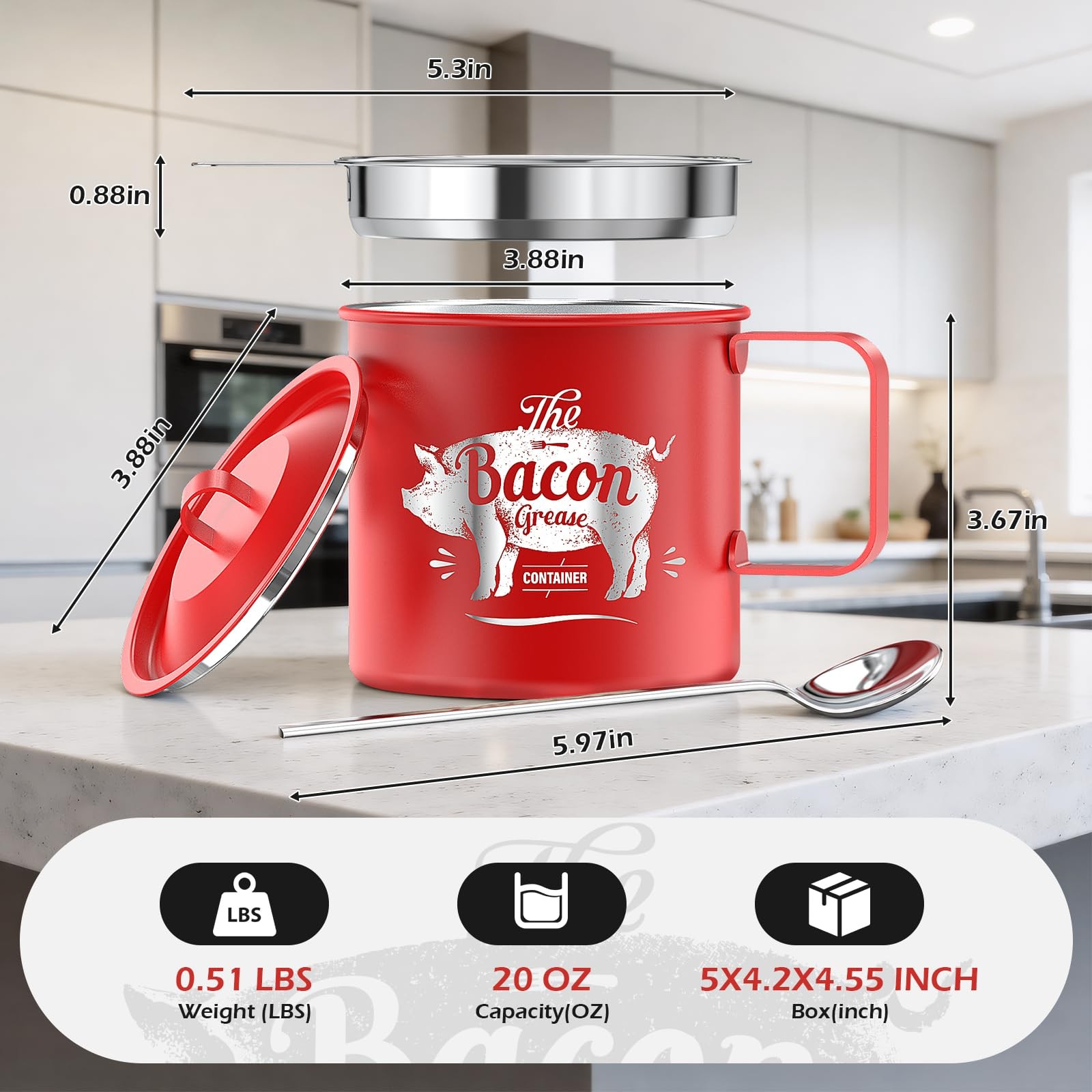 Mini Bacon Grease Saver With Strainer – 20 OZ Stainless Steel Oil Container, …