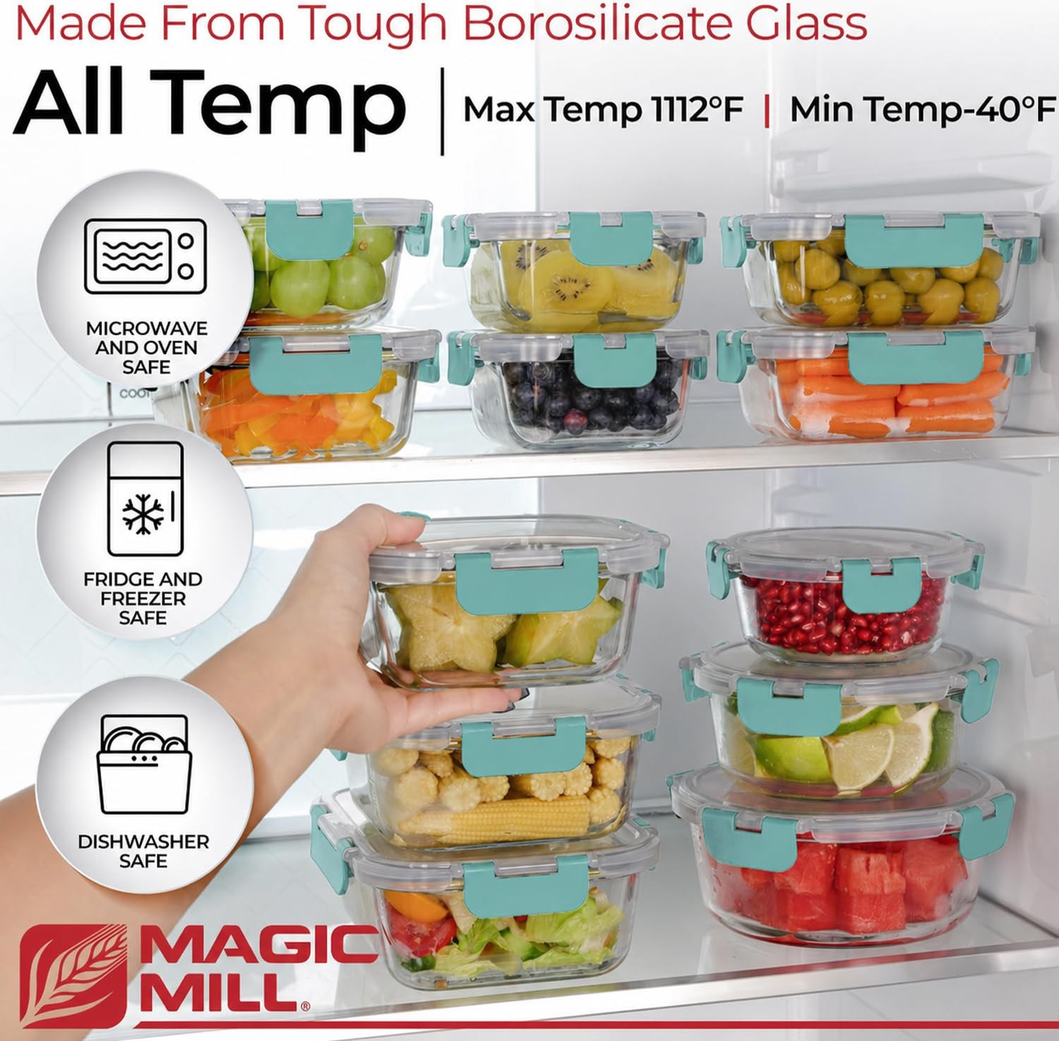 Mill Premium Borosilicate Glass Food Storage Containers with lids Set | 24pc …