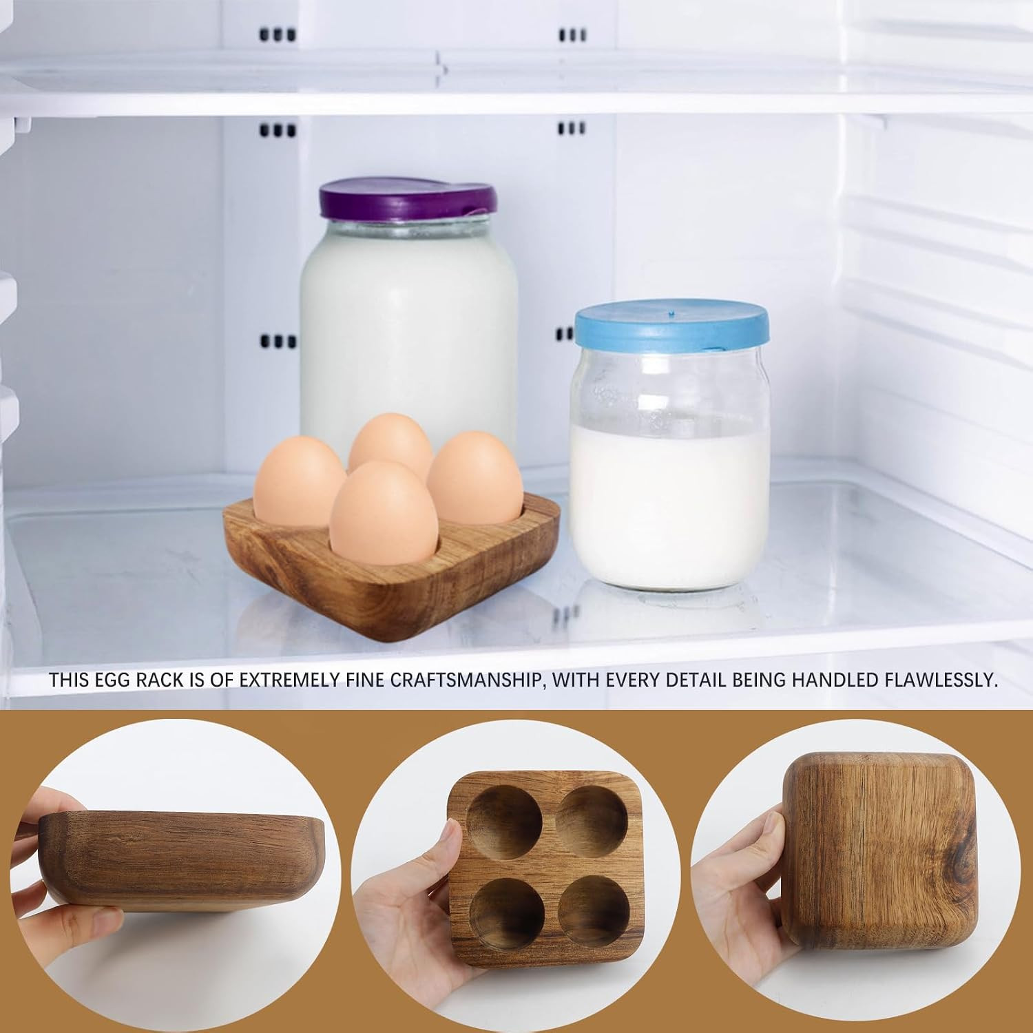 4 Slots Wooden Egg Tray, Egg Holder for Kitchen Refrigerator Countertop Display