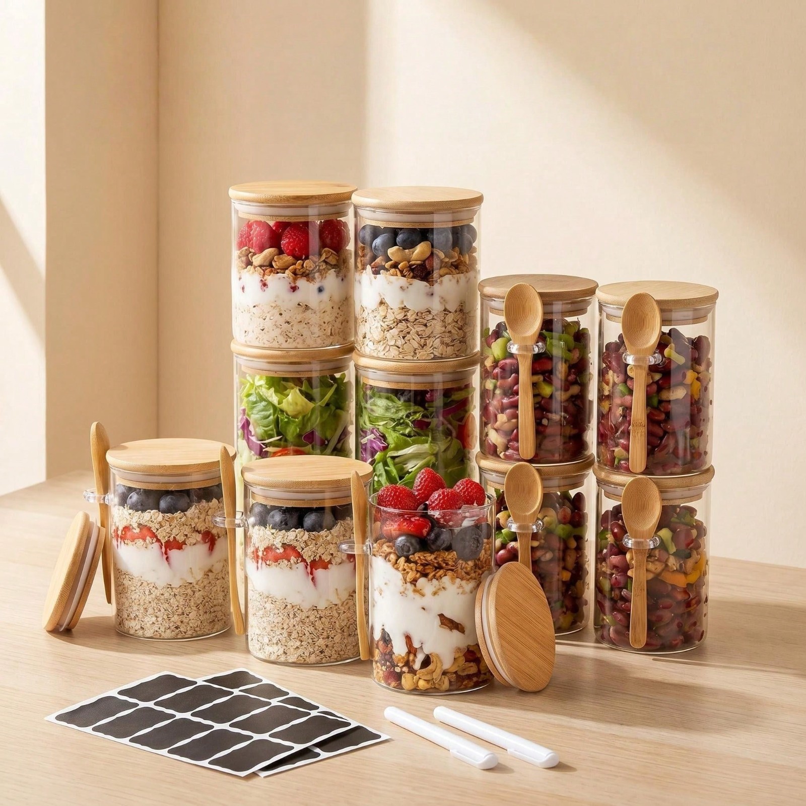 4 Pack 17oz Glass Food Storage Containers with Bamboo Lids for Oats Salad Tea