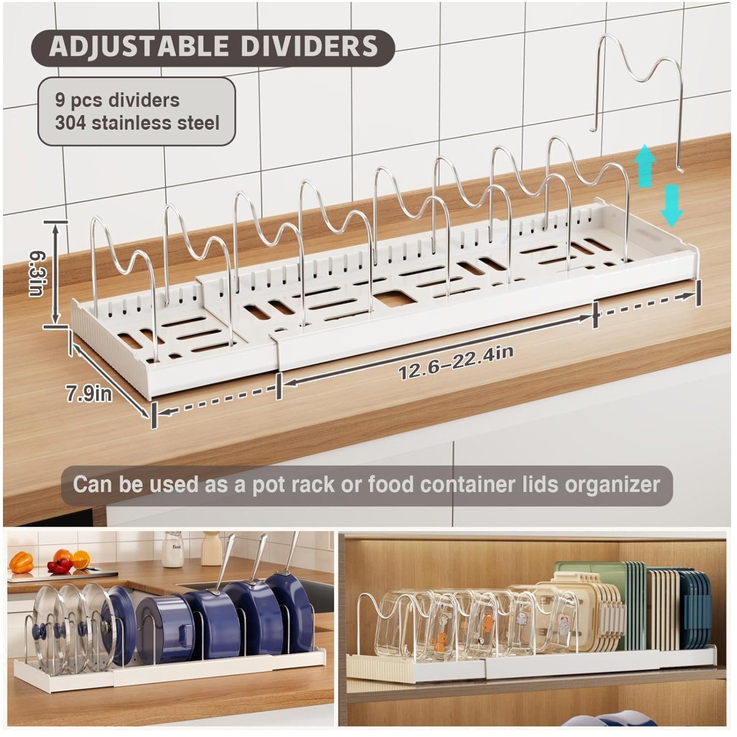 Expandable Pot Lid Organizer Rack with Adjustable Dividers