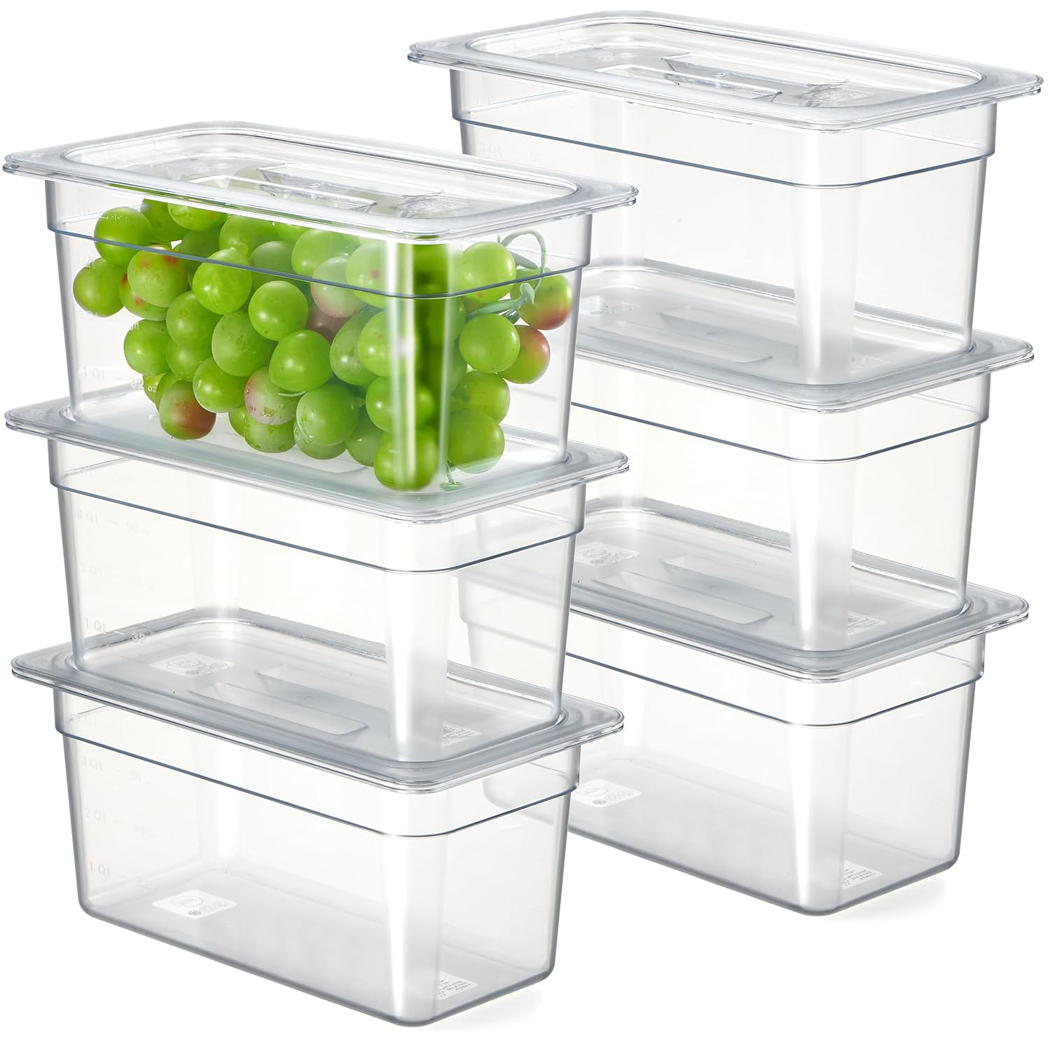 6-Pack 1/3 Size 6″ Deep NSF Polycarbonate Food Pans with Handled Lids & Drain Tr