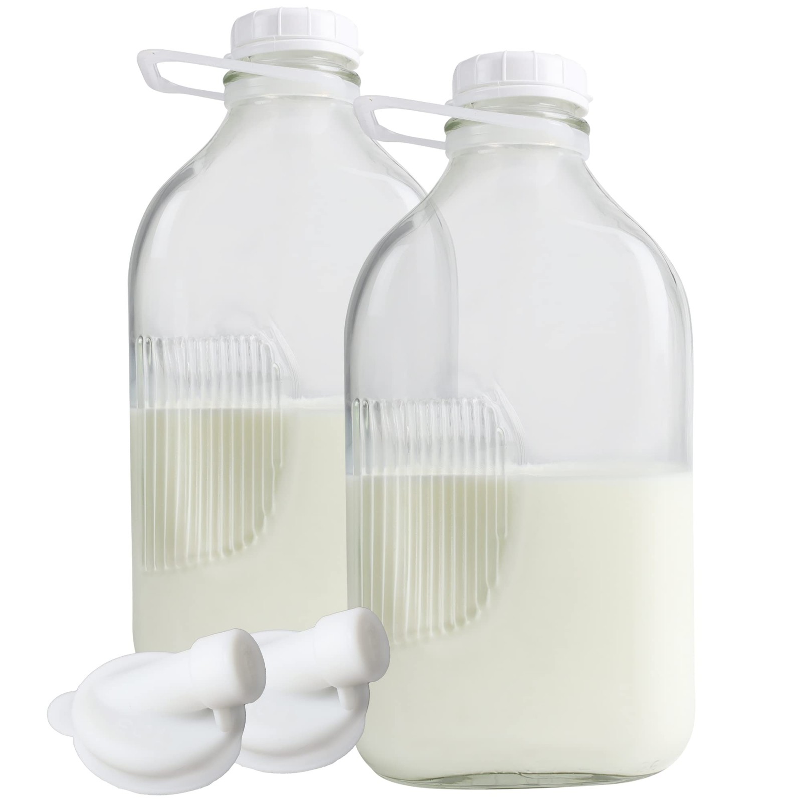 64 oz Glass Milk Bottles with Lids & Spouts – Reusable Jugs for Fridge (2 Pack)