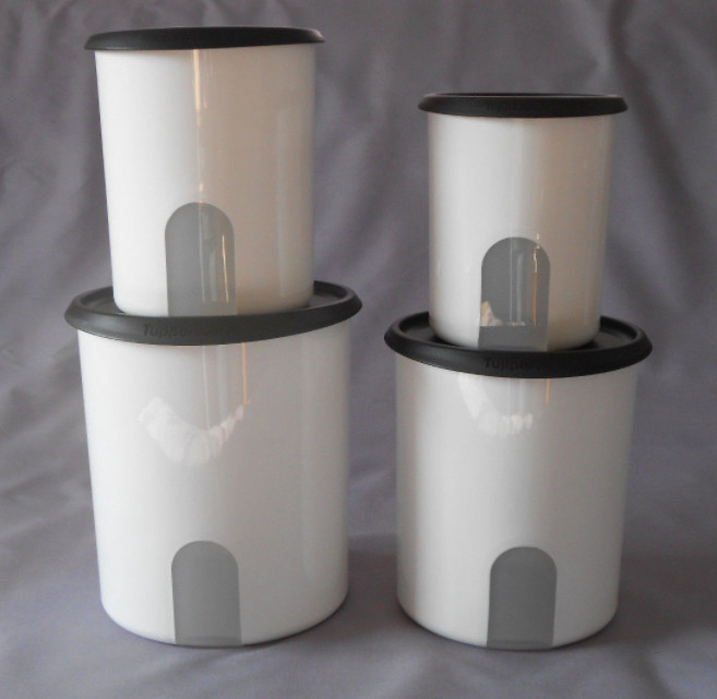 Tupperware Reminder Window Canisters & Toppers Set White w/ Black Seals Lids New