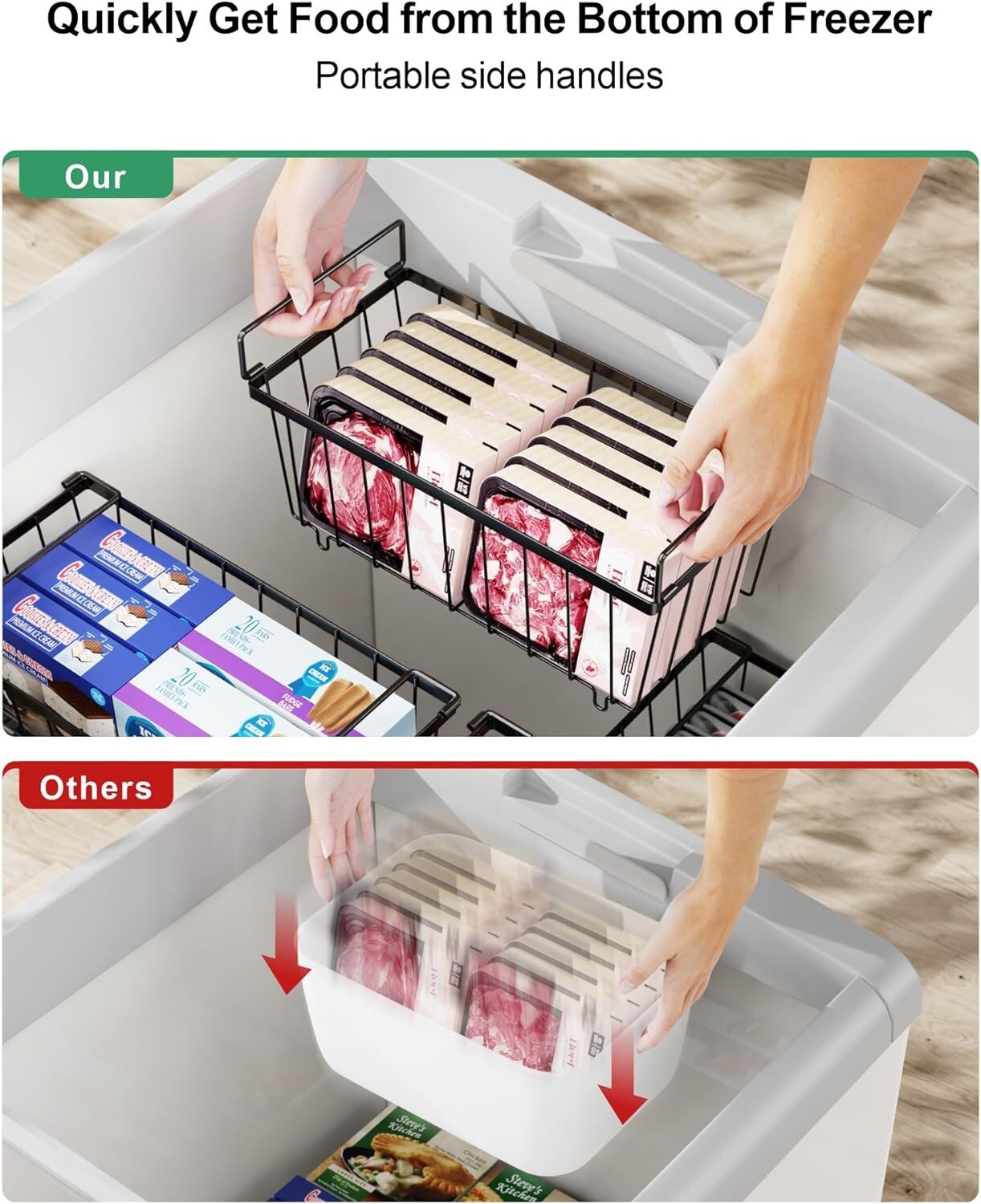 Deep Freezer Organizer Bins – Stackable Chest Freezer Organizer – 4 Pack, Black