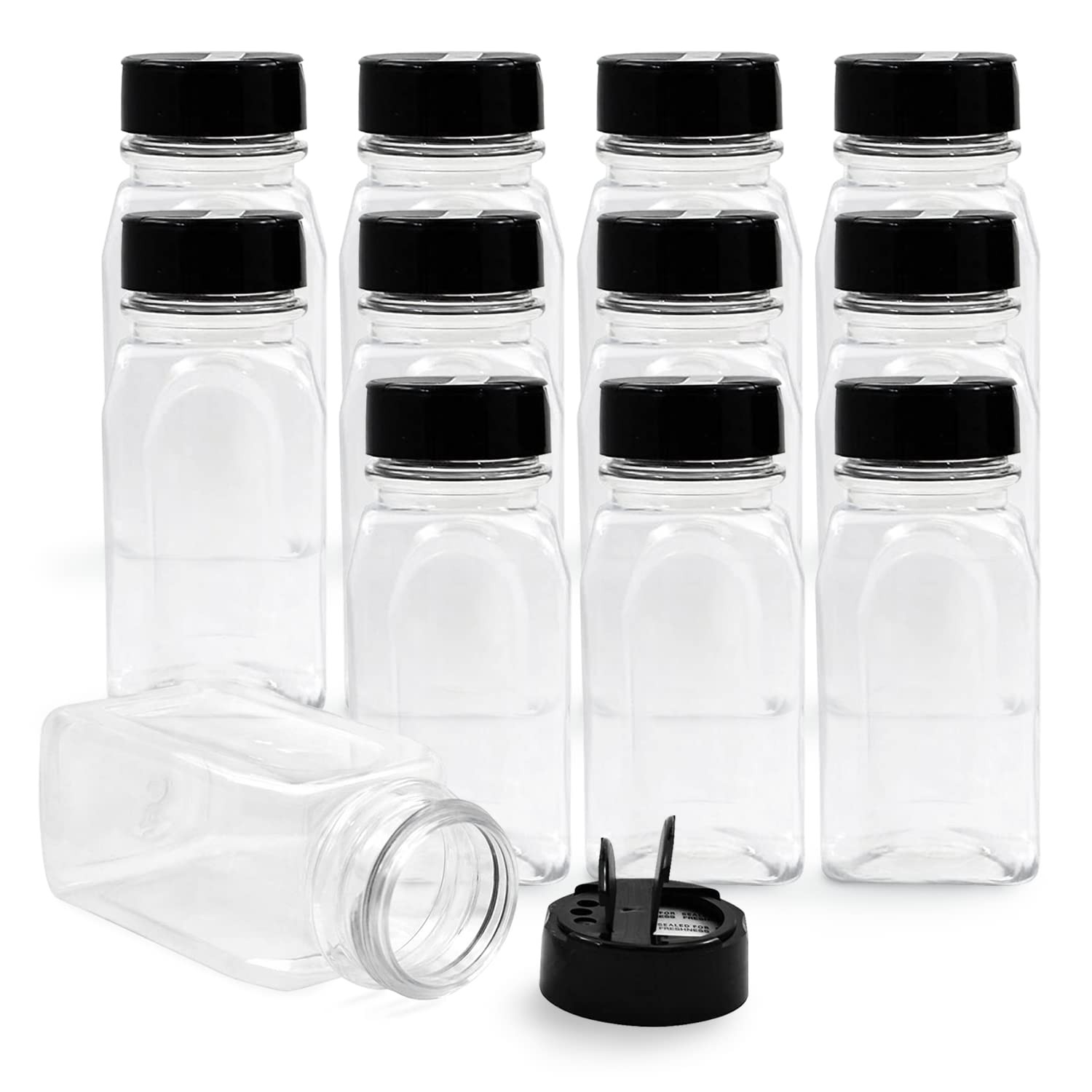 12 Pack 9.5 Oz Plastic Spice Jars with Black Cap, Clear and Safe Plastic Bott…