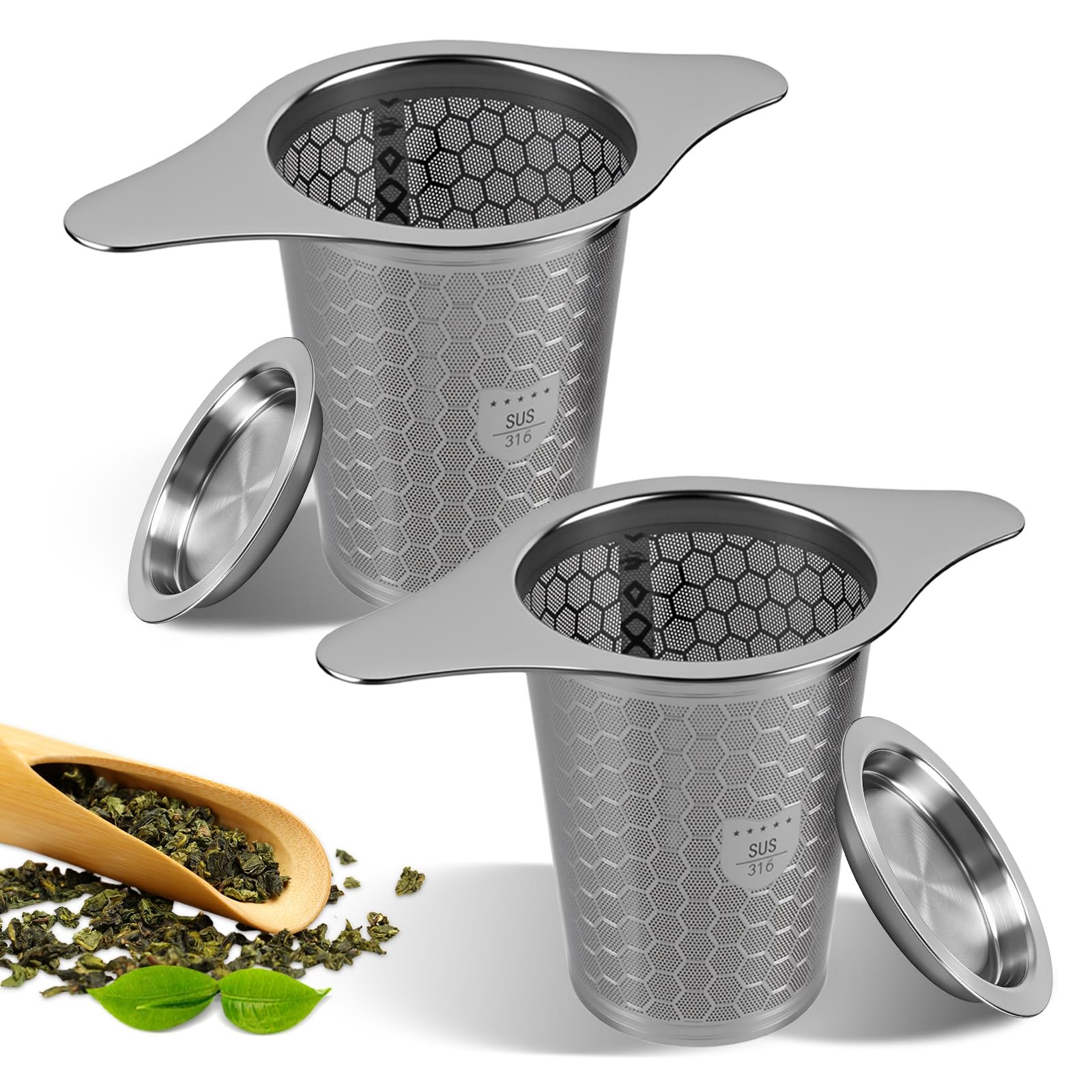 2 Packs 316 Stainless Steel Tea Large With Wide Rim, Silver