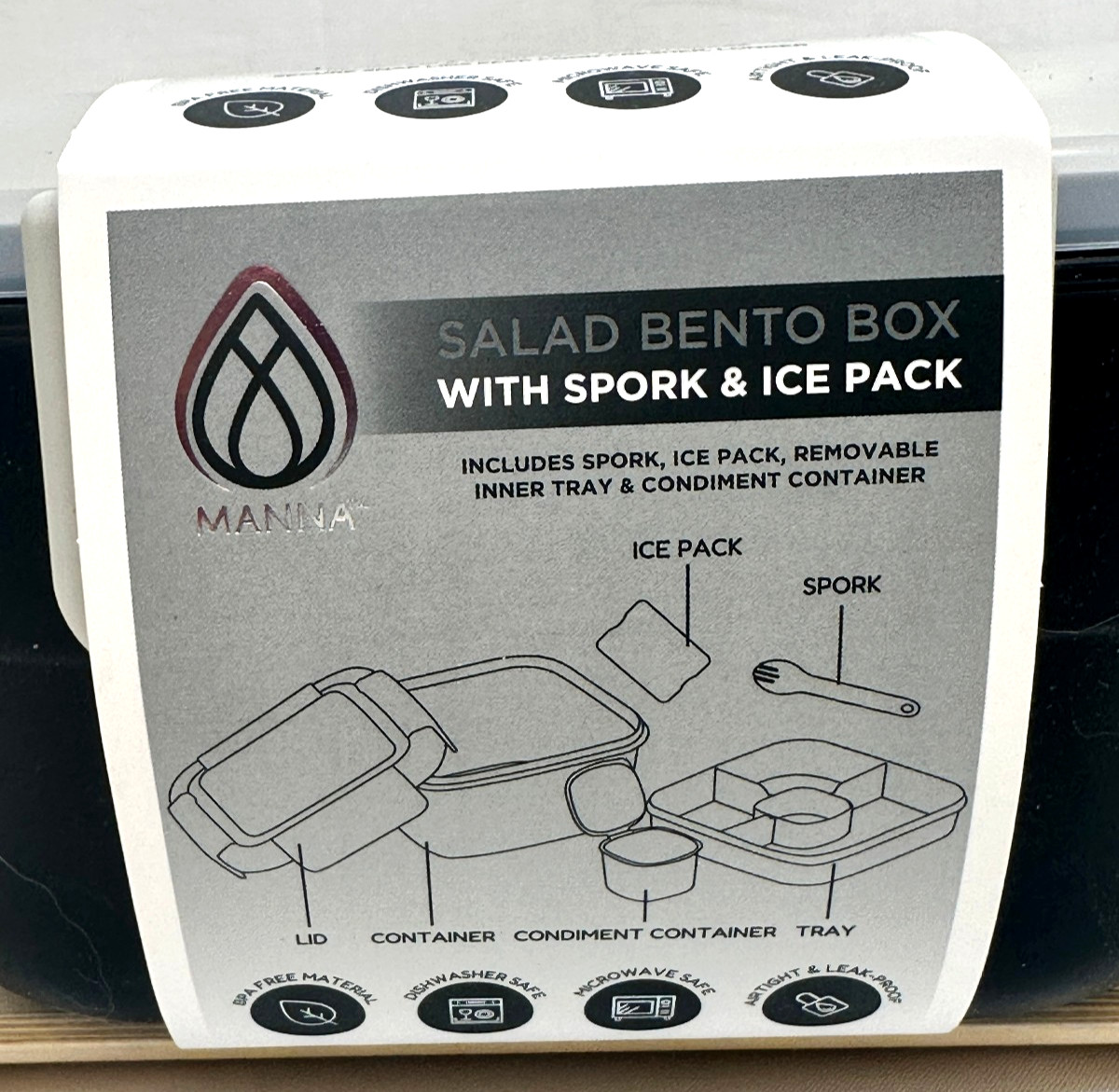 NEW Manna Salad Bento Box w/ Spork and Ice Pack BPA FREE Lunch Container Black