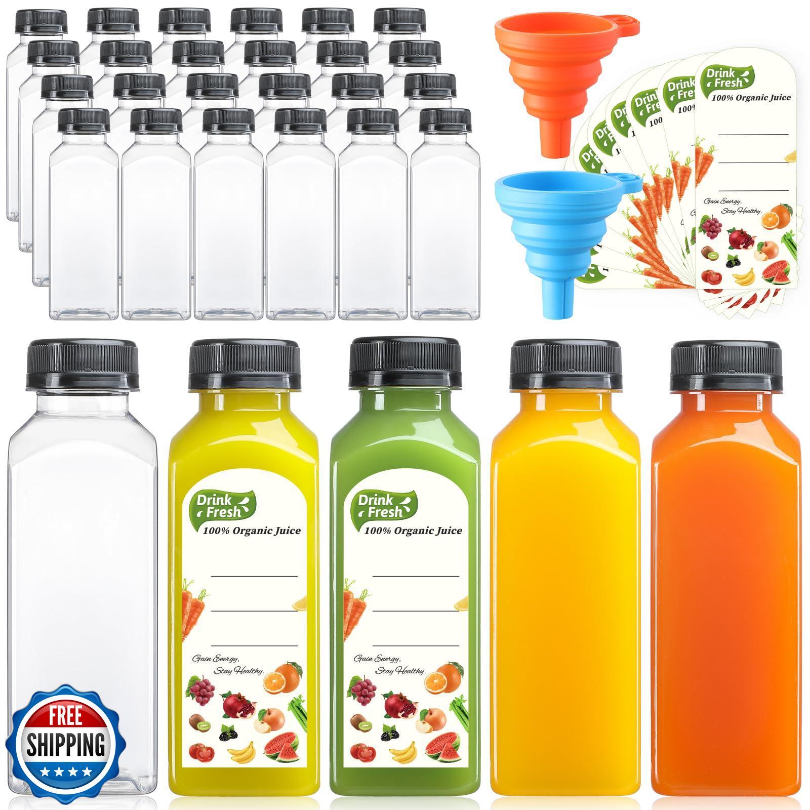 24 PACK, 12 OZ Reusable Plastic Juice Bottles with Caps, Plus 24 Labels and 2